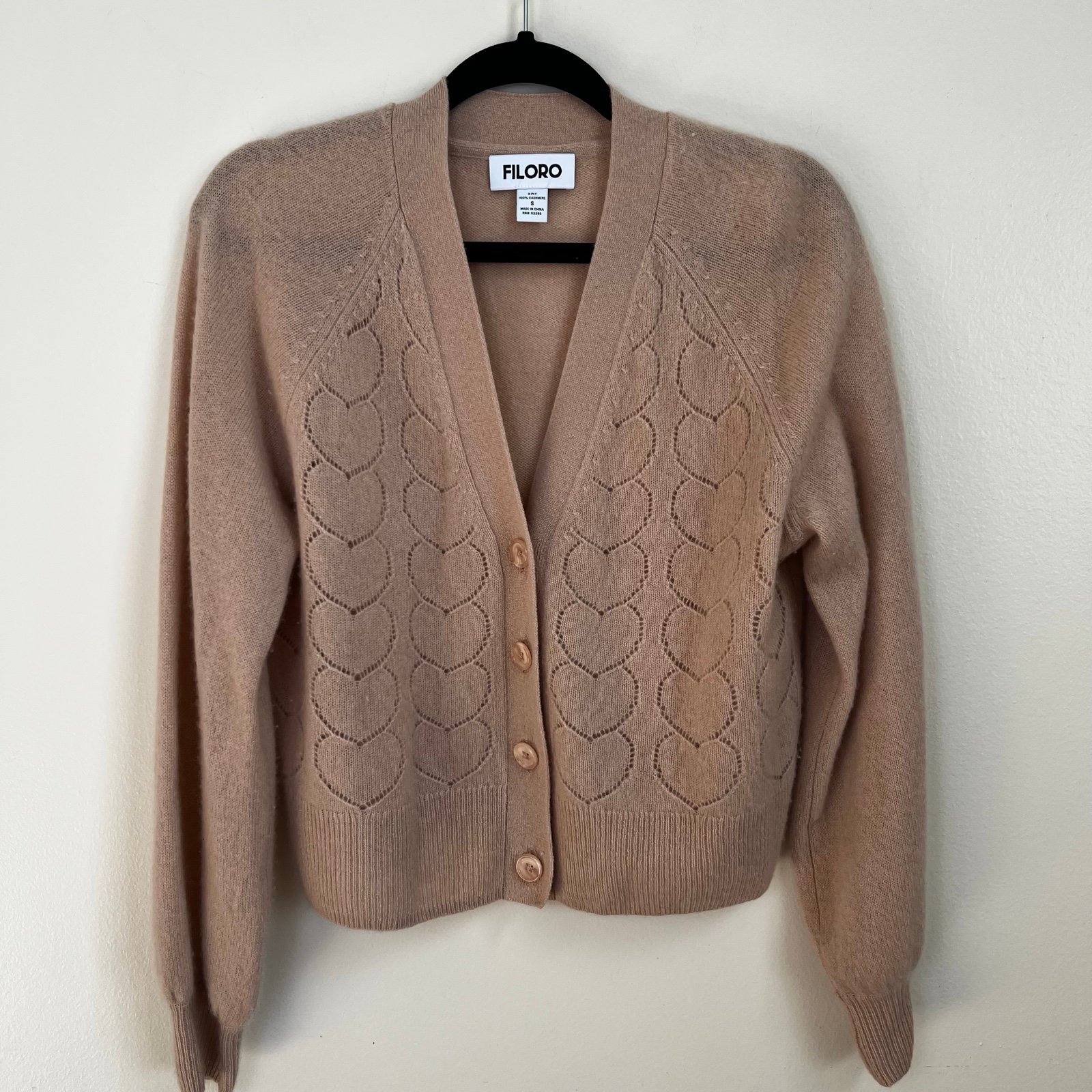 Filoro Women’s Cashmere Tan Cardigan with Heart detail Pattern Button Down Small