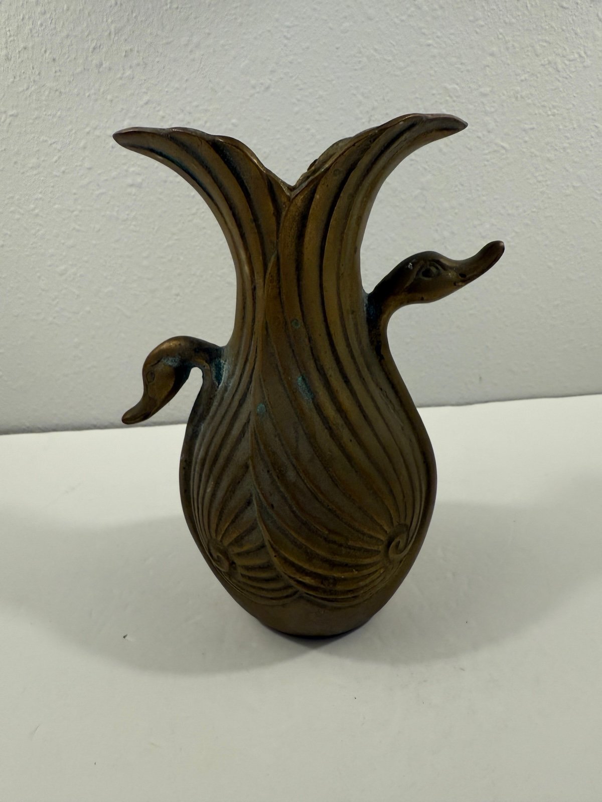 Vtg Solid Brass Double Head Swan Sculptural Vase 8” Korea Egyptian revival