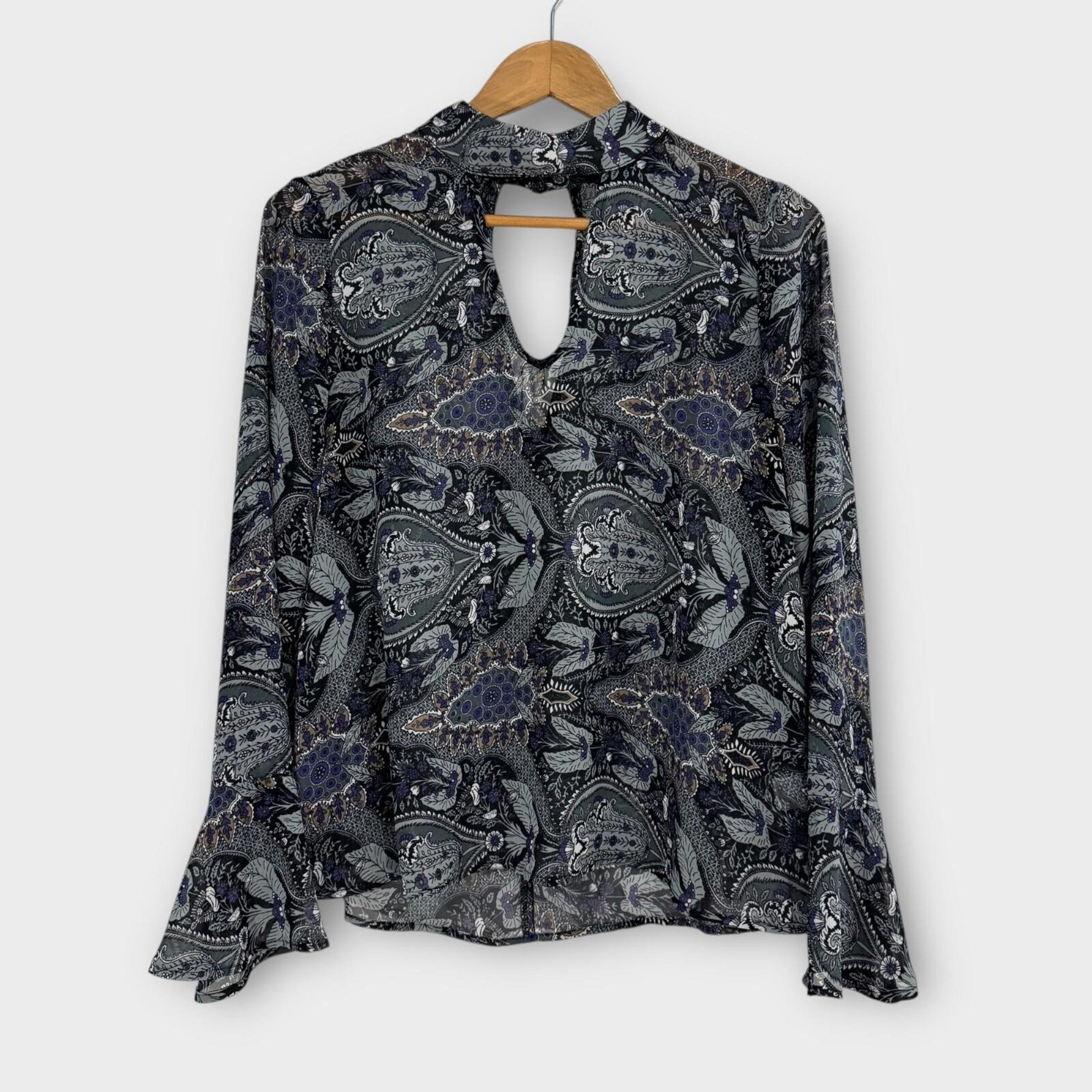 Harlowe & Graham Blouse Womens Size Small Gray Paisley Print Choker Neck Top