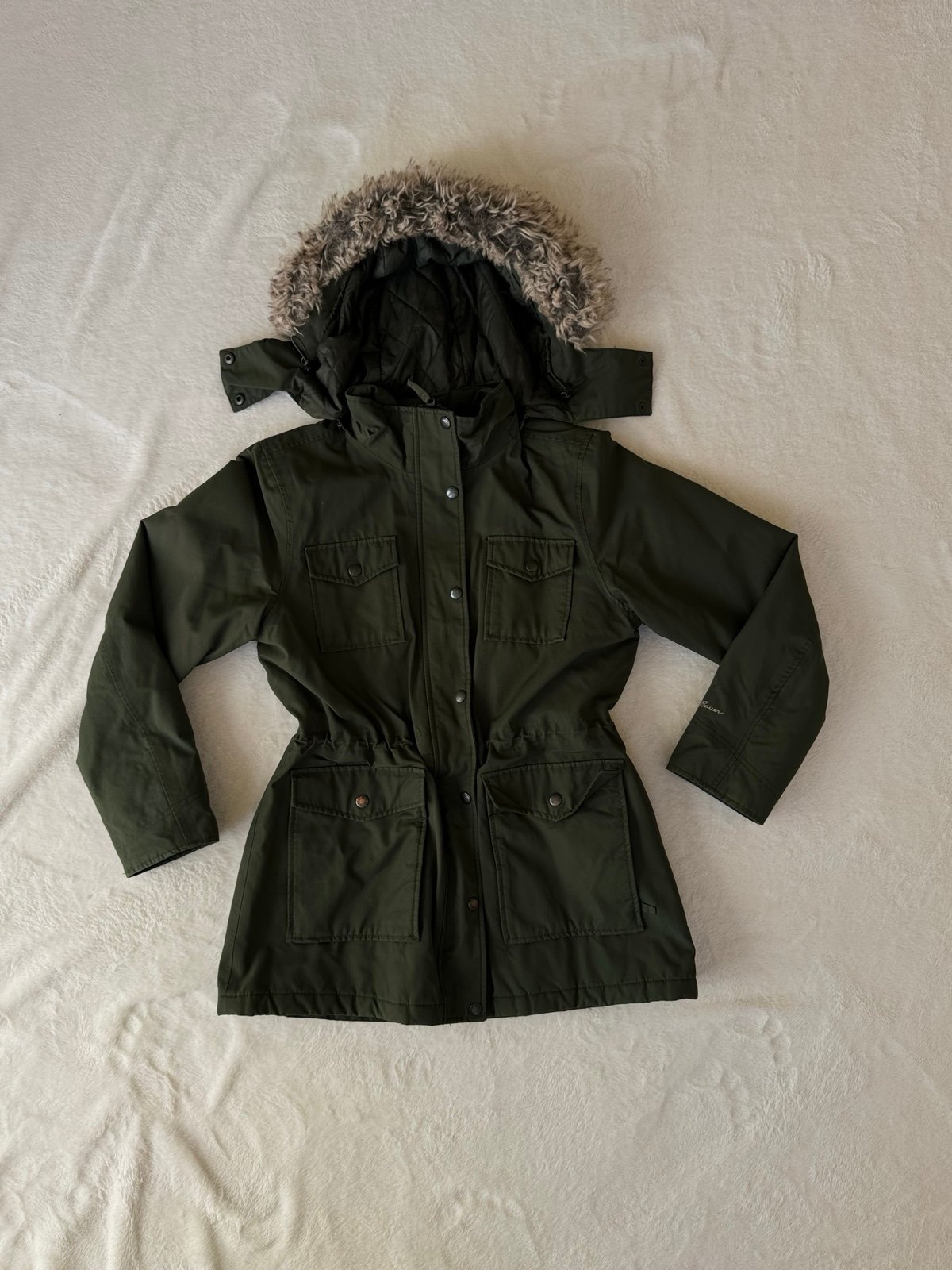 Eddie Bauer Army Green Parka Jacket with faux fur detachable Hood