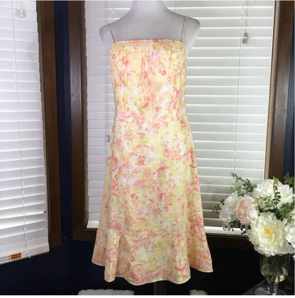 Ann Taylor Floral Linen Flounce Hem Dress 8