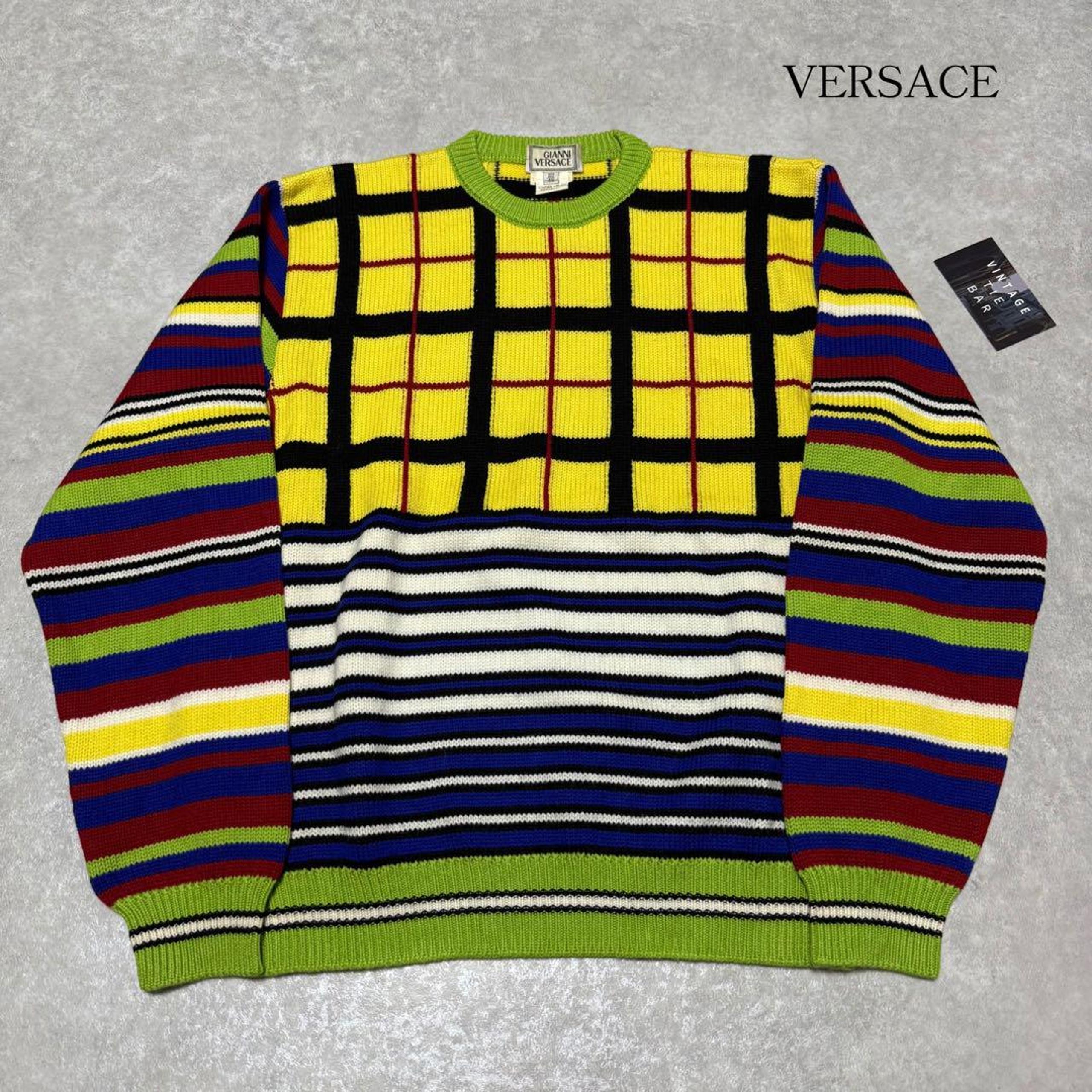 Excellent Condition 90s Italian Made Versace Colorful Check Knit Sweater