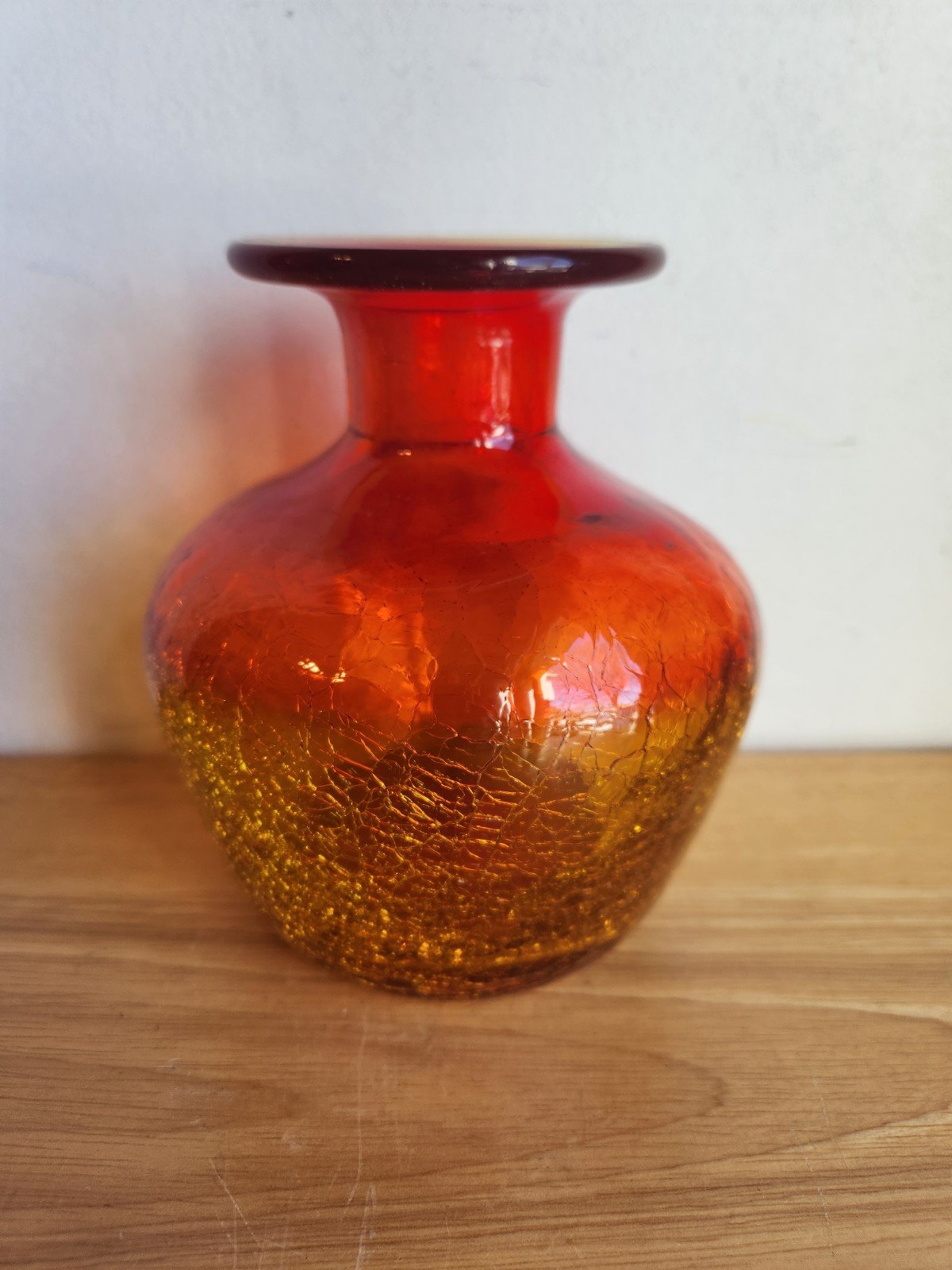 Blenko Amberina Vase Art Glass Orange Crackle MCM Bulbous Decor