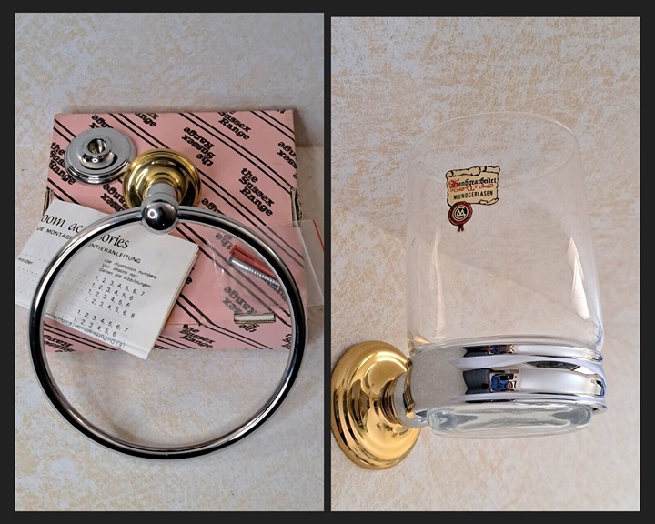Vintage 2 Pcs The Sussex Range Toothbrush w/Glass Cup & Towel Ring Brass Chrome