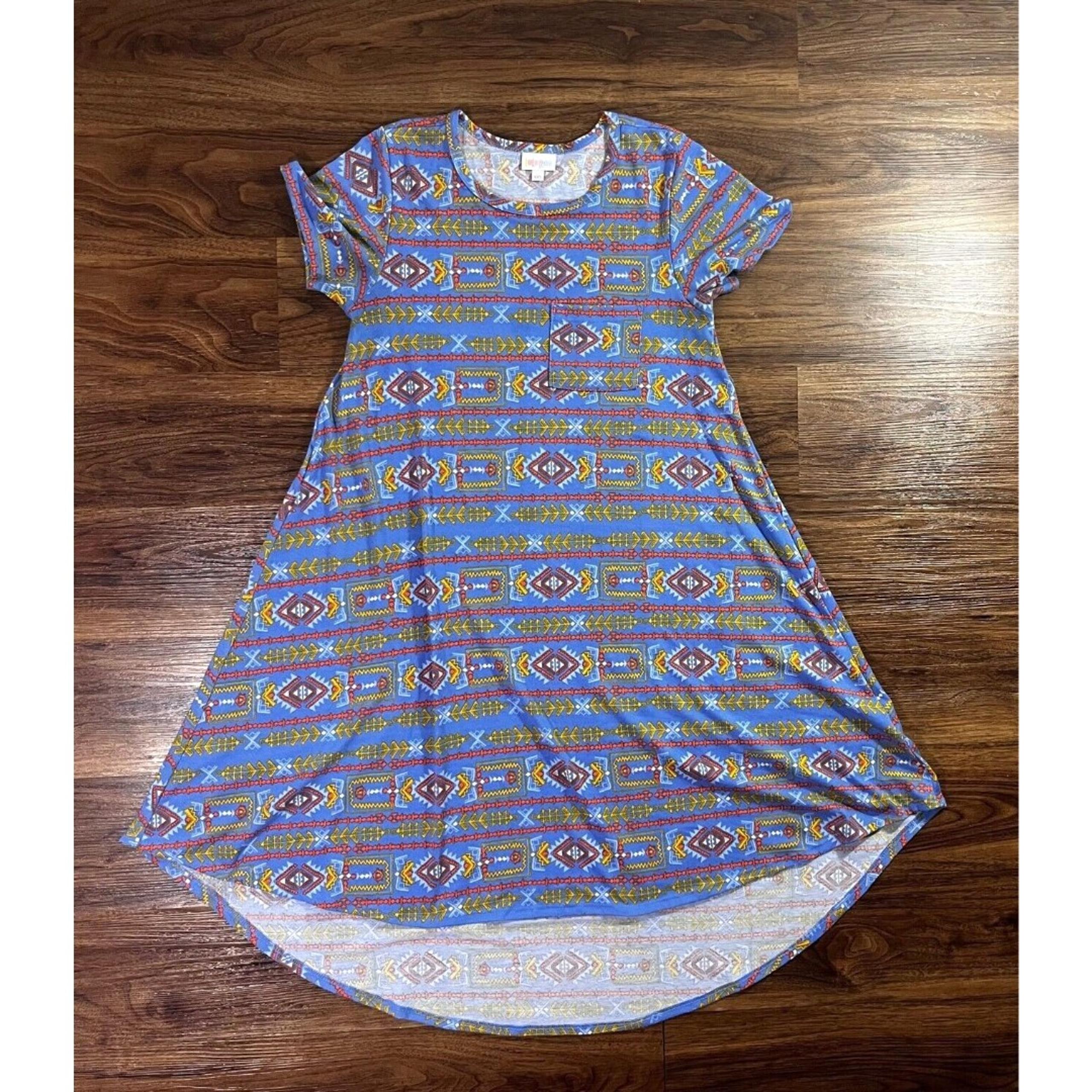 LuLaRoe Carly High Low Dress Womens Size XXS Blue Geometric Flowy Short Sleeve