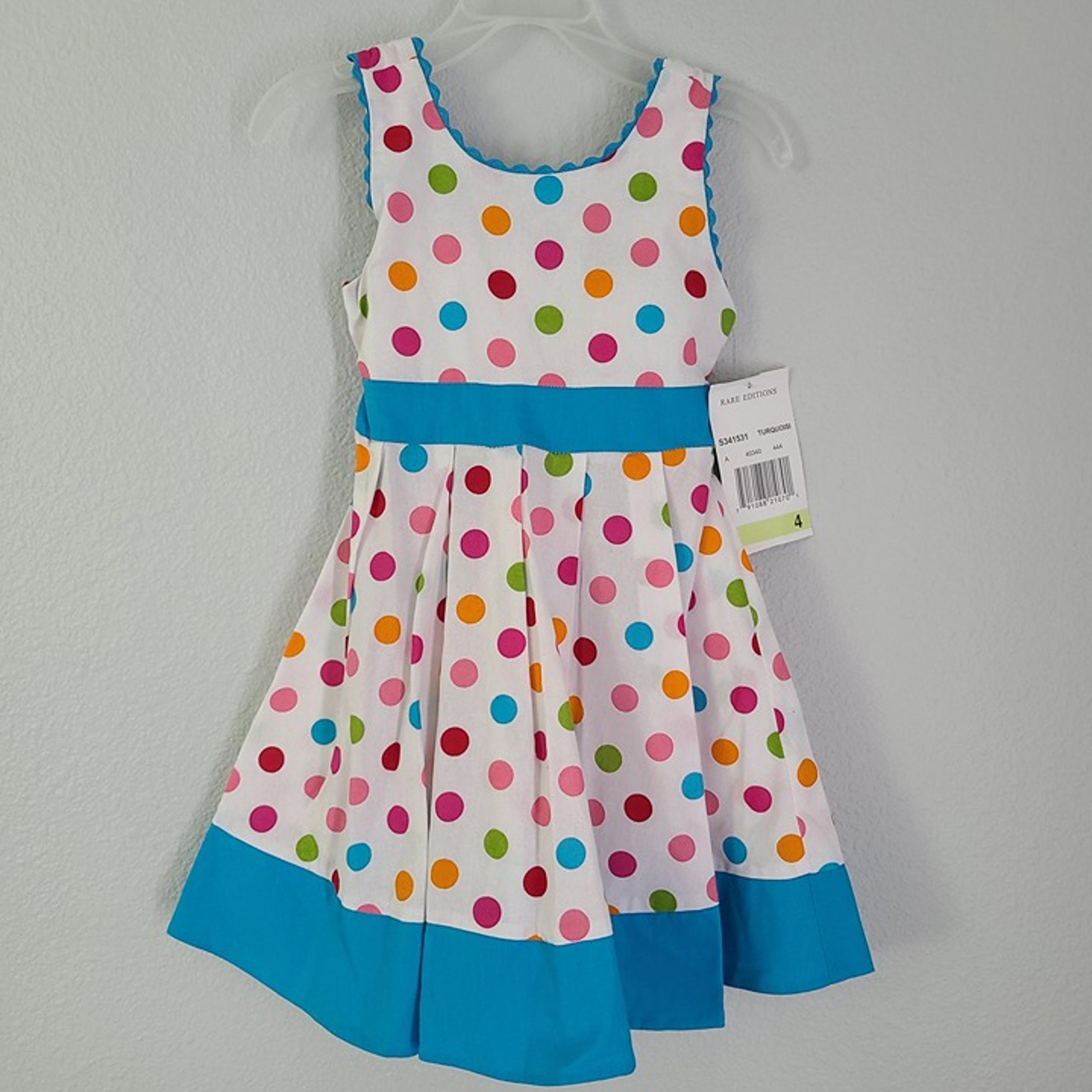 Rare Editions NWT Girls white and blue Polka Dot Sleeveless Dress – Size 4
