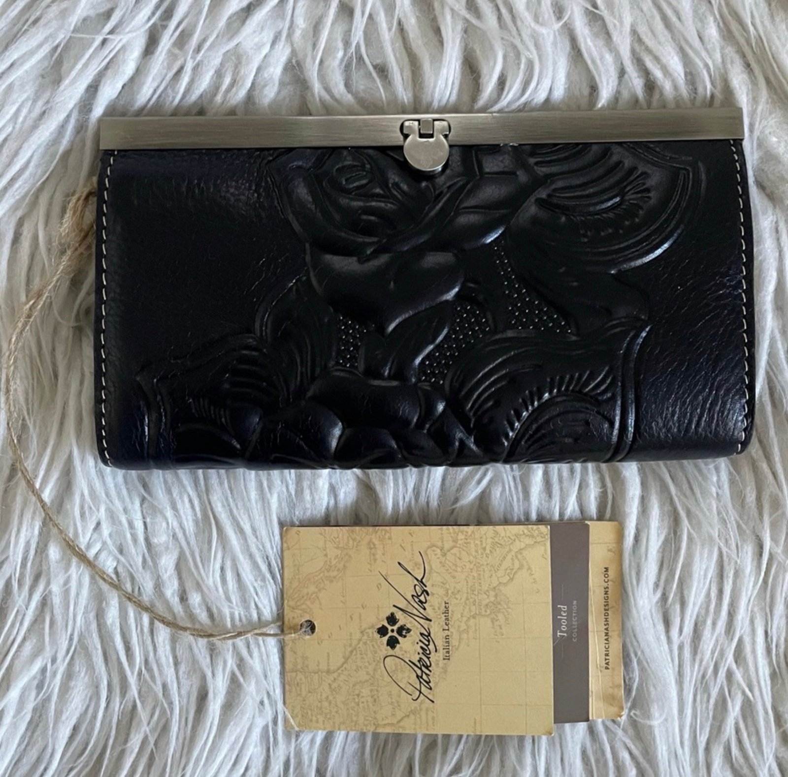 Patricia Nash Cauchy Frame Tooled Rose Floral Black Leather Clutch Wallet NWT