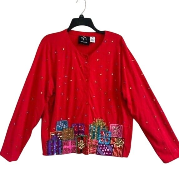 Michael Simon Event Women's Red Sequin Christmas Holiday Gifts Cardigan Shirt XL