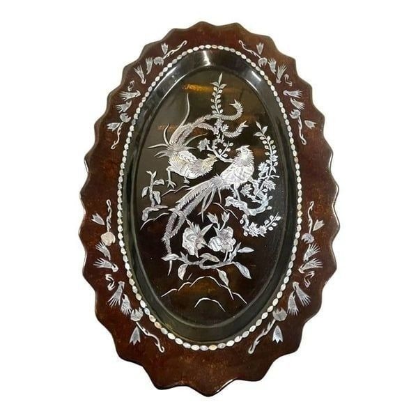 Phoenix Bird Asian Black Lacquer Inlaid Mother of Pearl Wall Hanging Flowers 23
