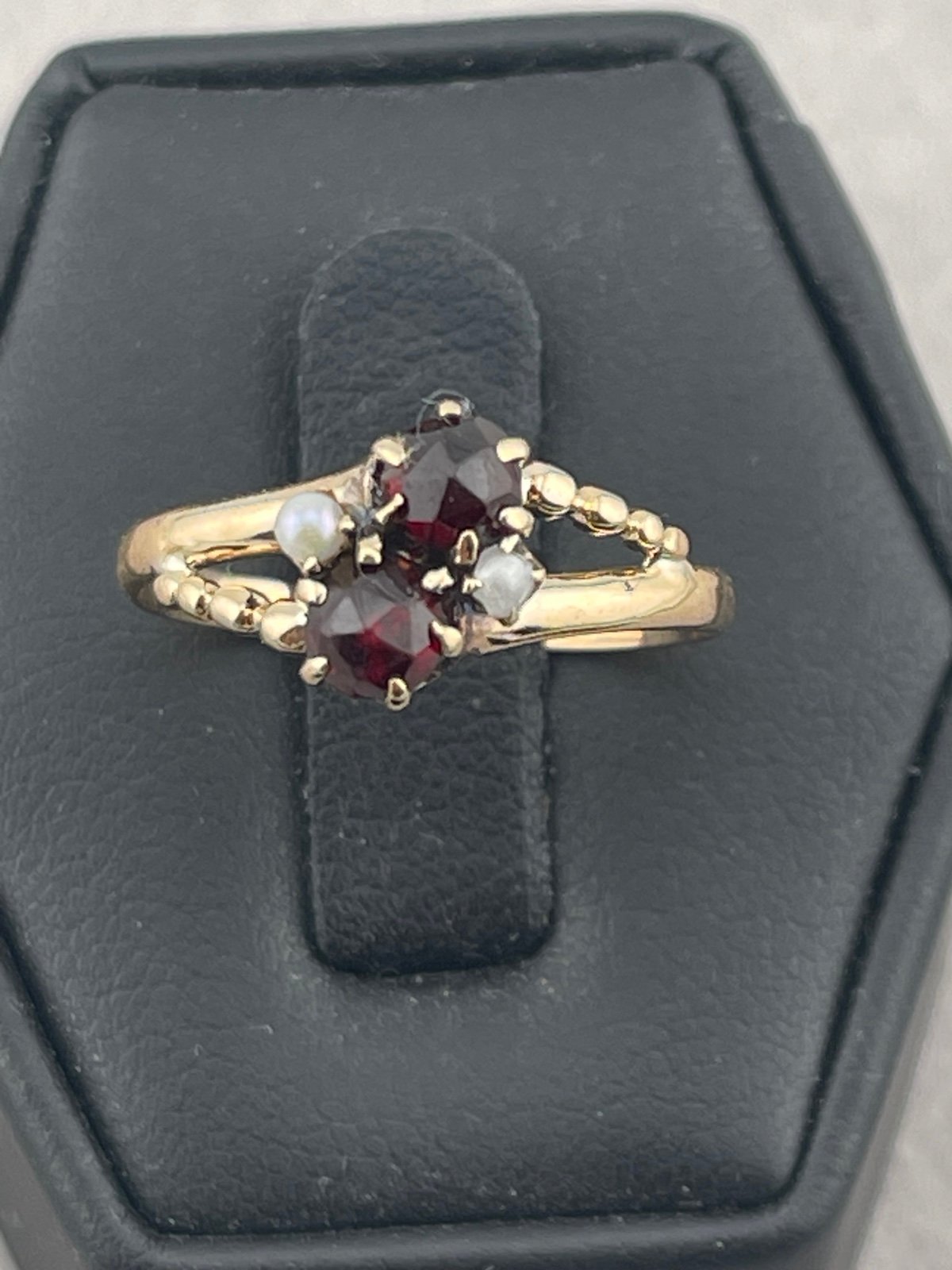 Antique Victorian, unique, cut Ruby and pearl ring 14 karat yellow gold