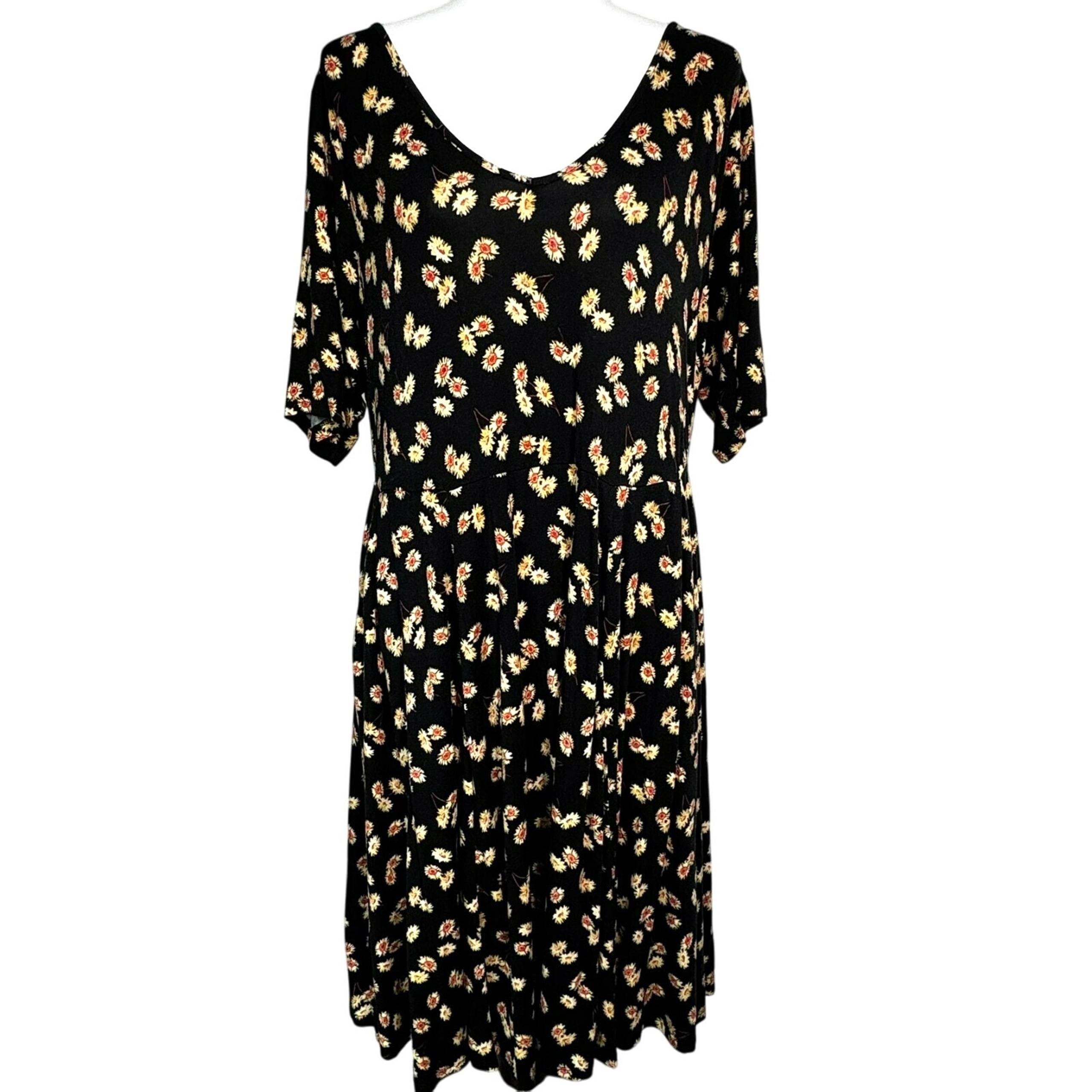 TORRID Women's 2X Super Soft Knit Black Yellow Ditsy Floral Midi Dress Pockets