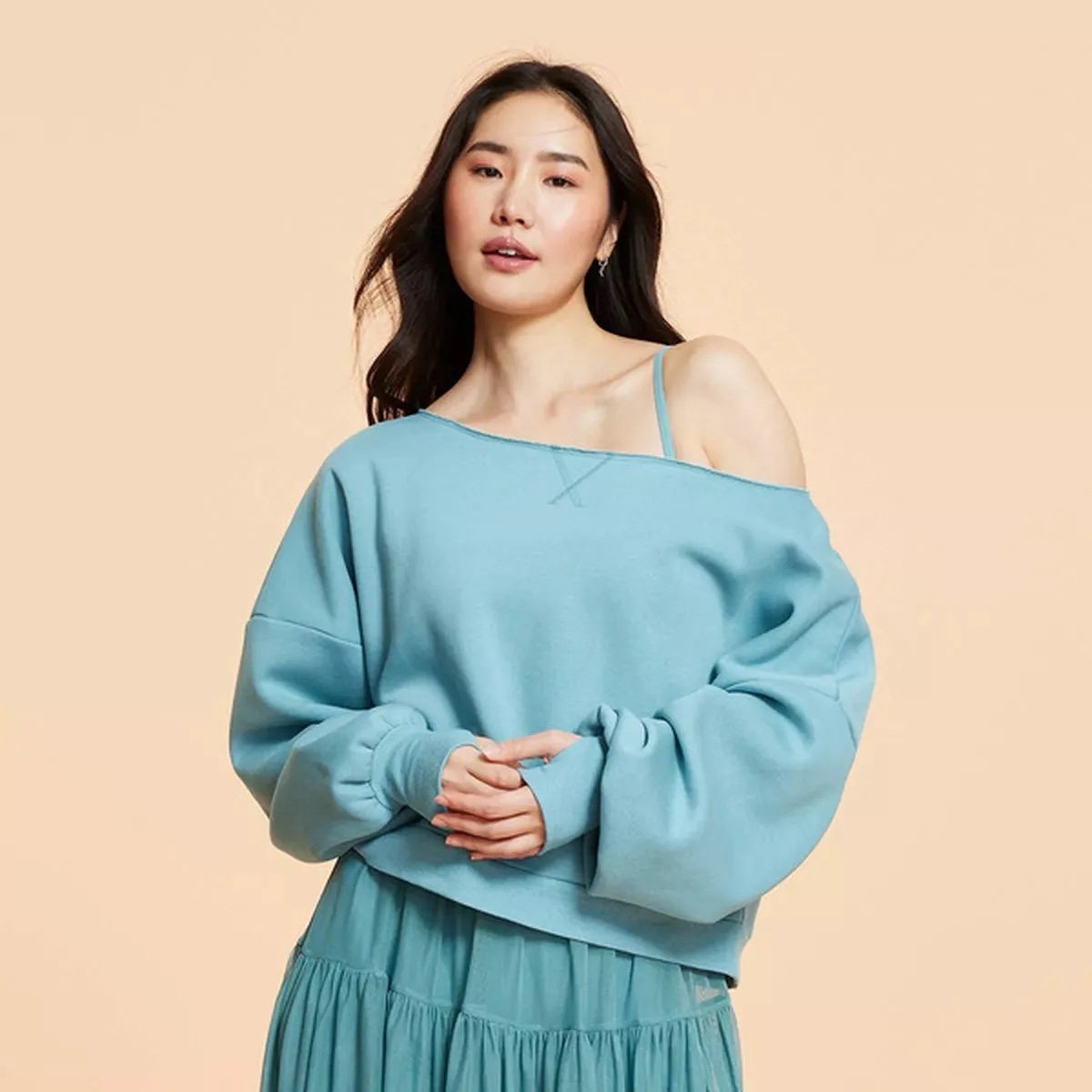 Blogilates Teal Off the Shoulder Cropped Sweatshirt