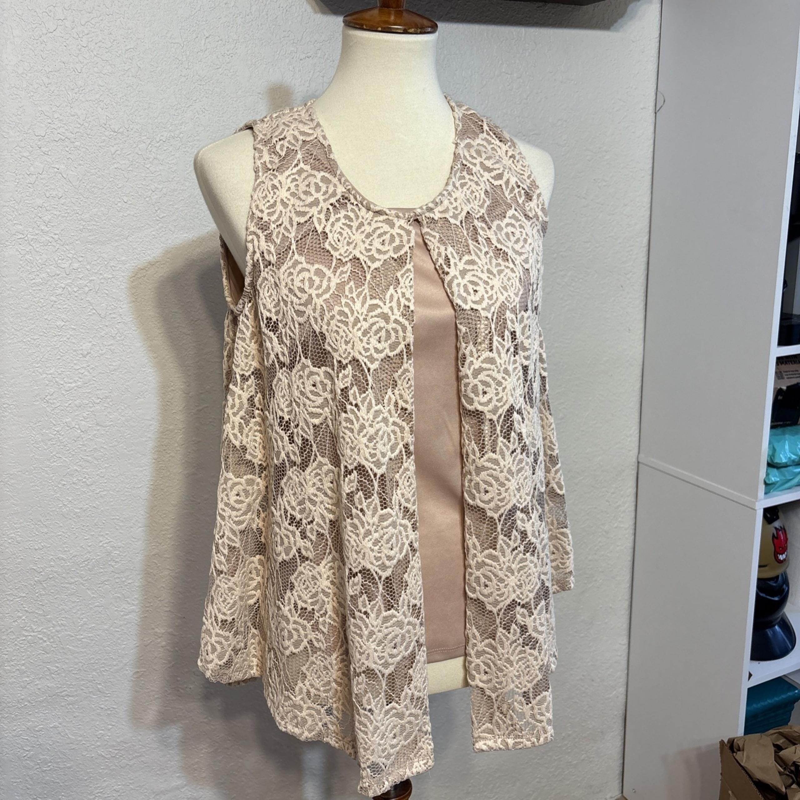 Brittany Black Sleeveless Layered Beige Tank with Lace Split Front Overlay L