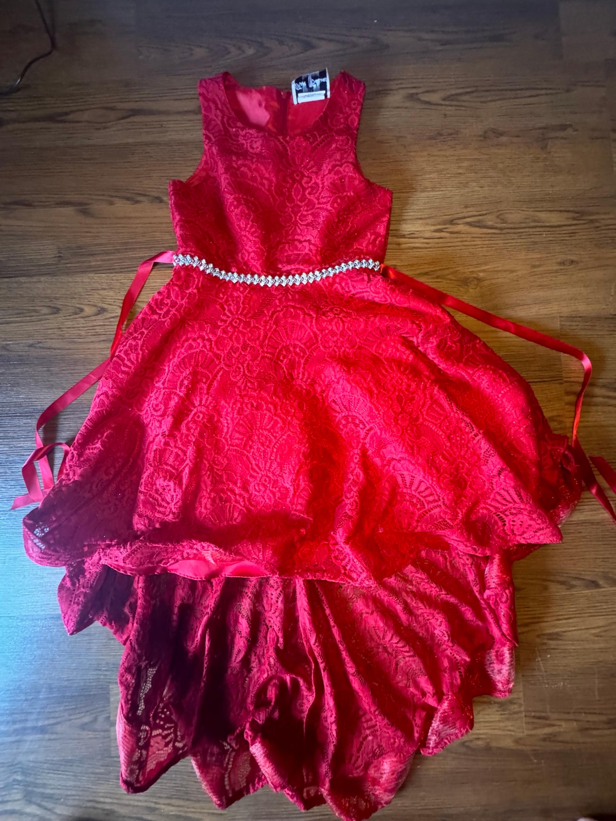 Youth girl size 8 Rare Editions Red Hi-Low Lace Dress with rhinestone waist