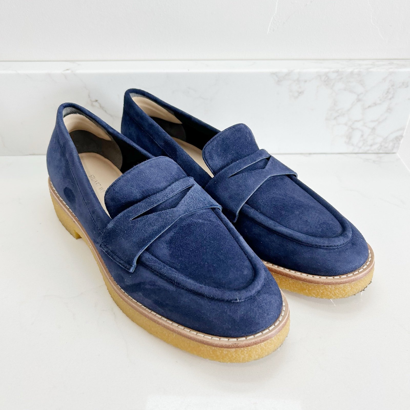 Stuart Weitzman Blue Kingston Suede Penny Loafers Women’s Size 8