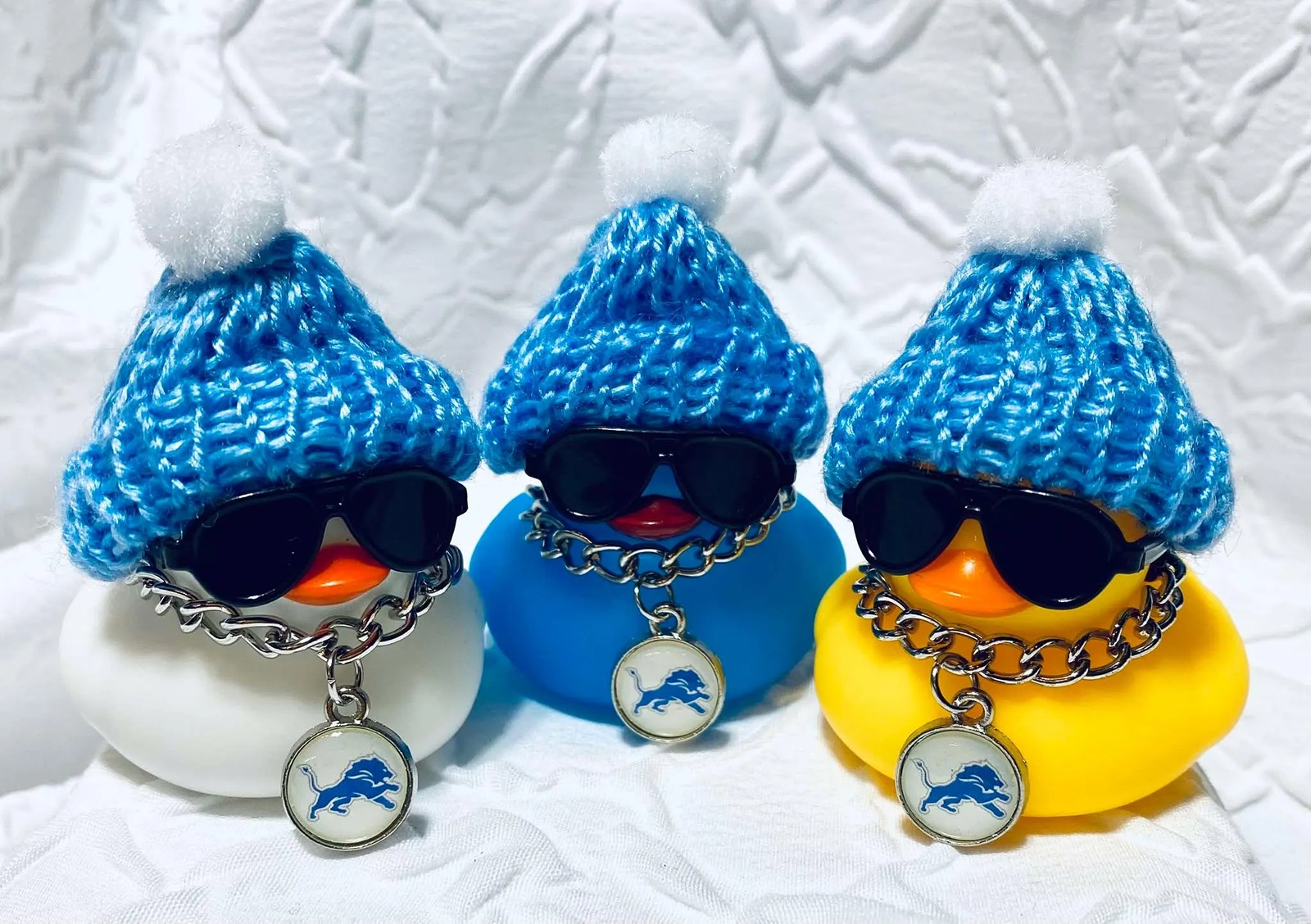 DETROIT LIONS Ducks with Beanies, bling logo necklace, shades. (set of 3)