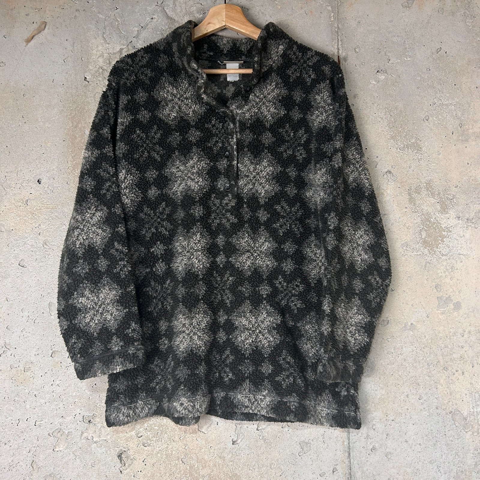 Vintage LL Bean fuzzy charcoal gray Nordic print quarter button up pullover xl