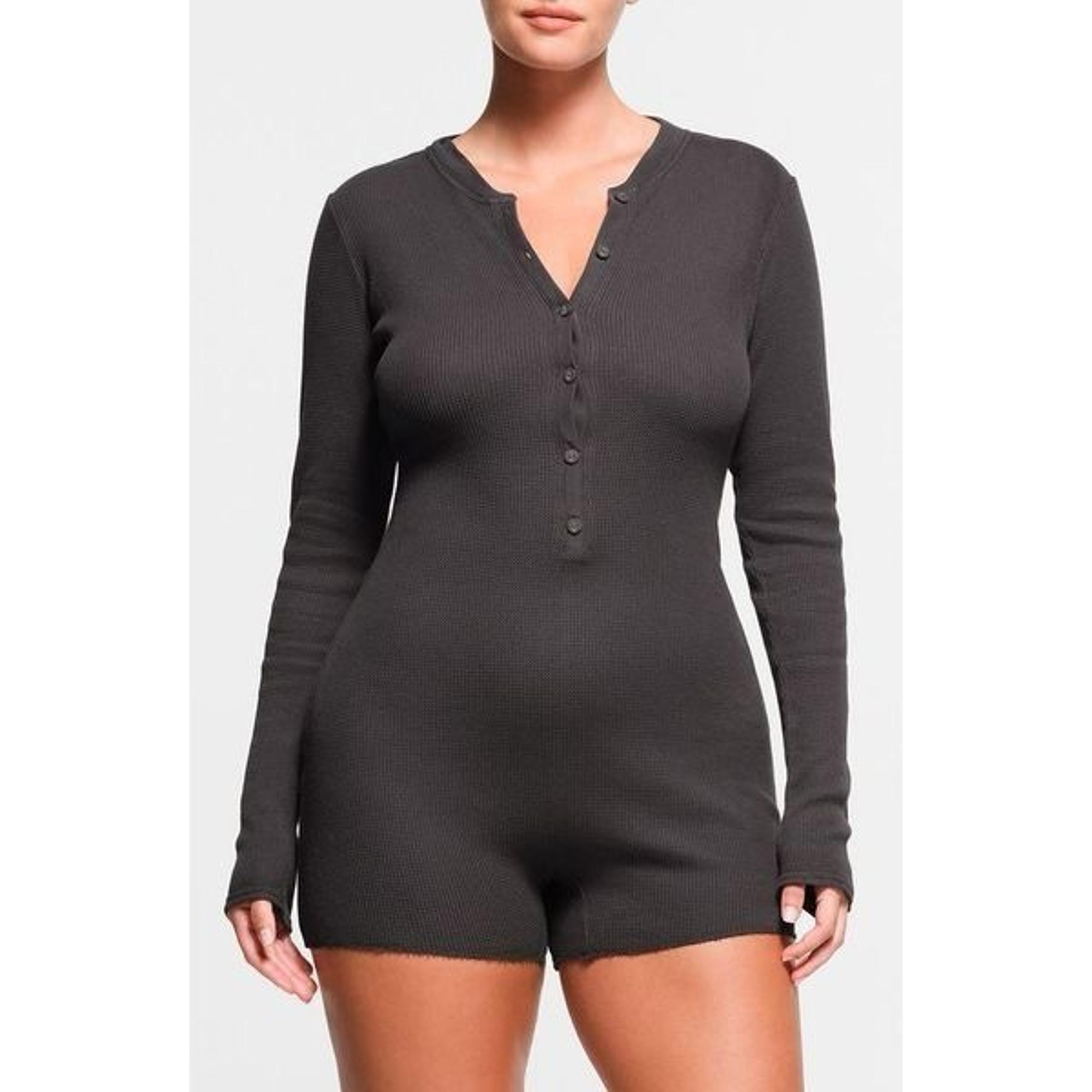 Skims Women's Gray Waffle Knit Long Sleeve Romper Size Large NWOT