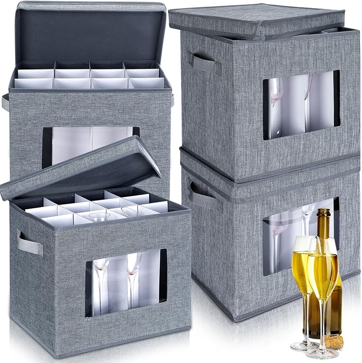 4 Pcs Wine Glass Storage Box with Dividers 12 Compartments Stemware Storage Case
