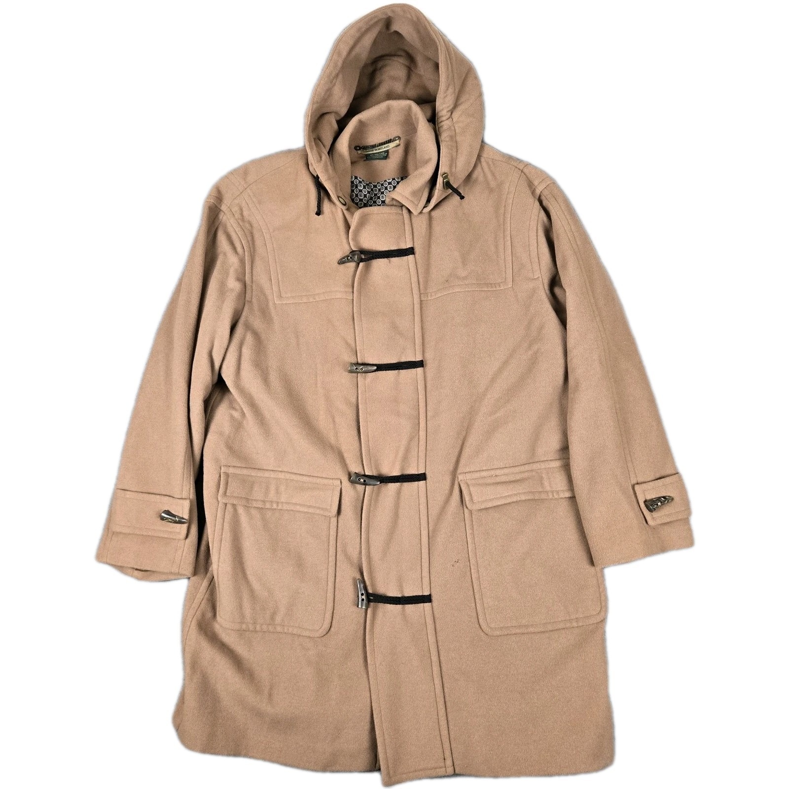 J.PRESS Duffle Coat Mens XL Beige Wool Cashmere TOGGLE Hooded Ireland *READ