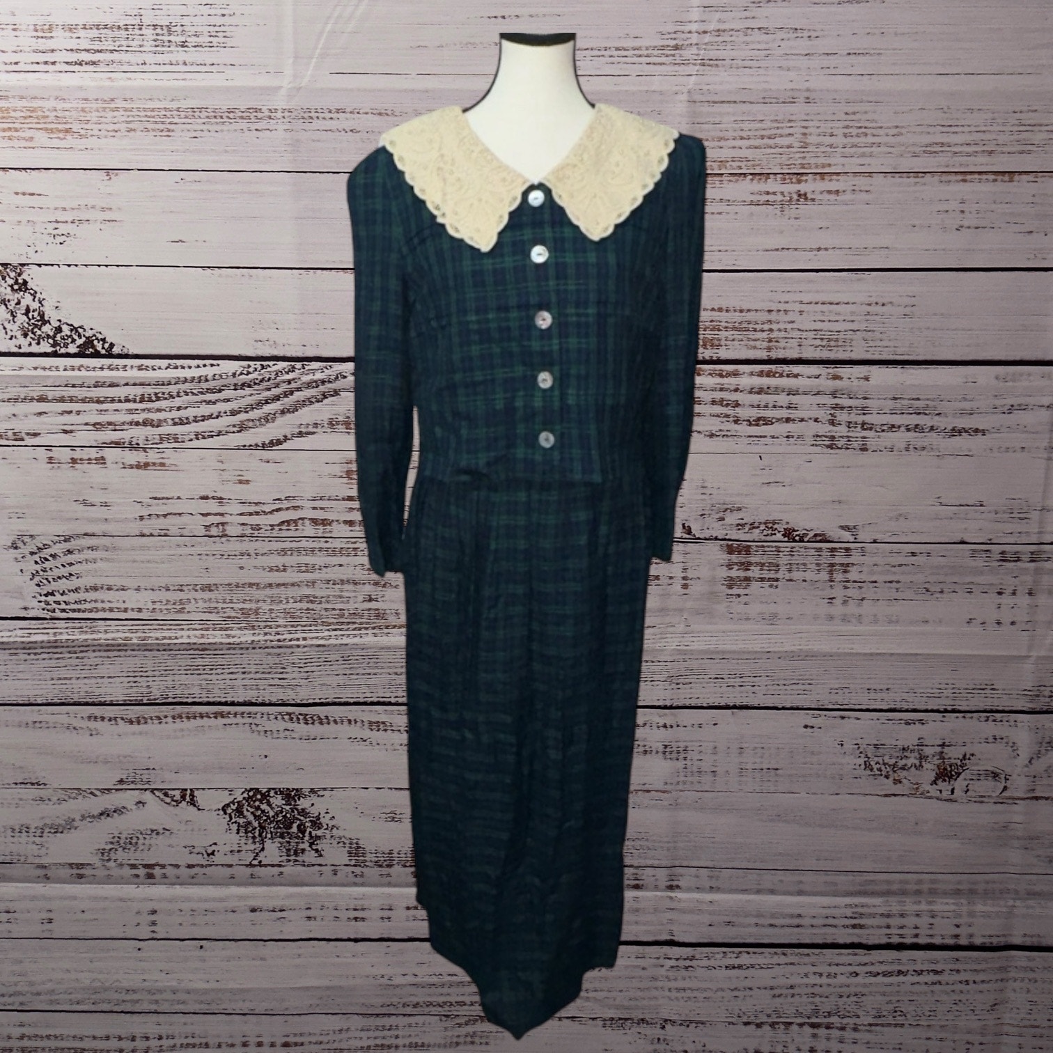 Plaza south Vintage 90s Tartan Lace Collared Womens Dress