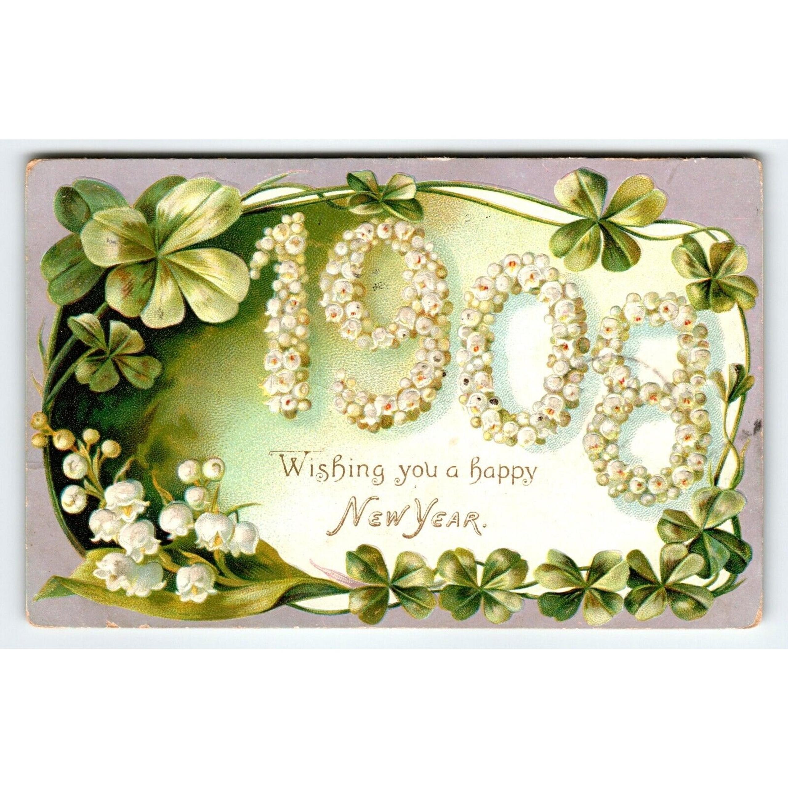New Year Postcard 1908 Numbers Clovers Flowers Tuck 113 Embossed Greetings 1907