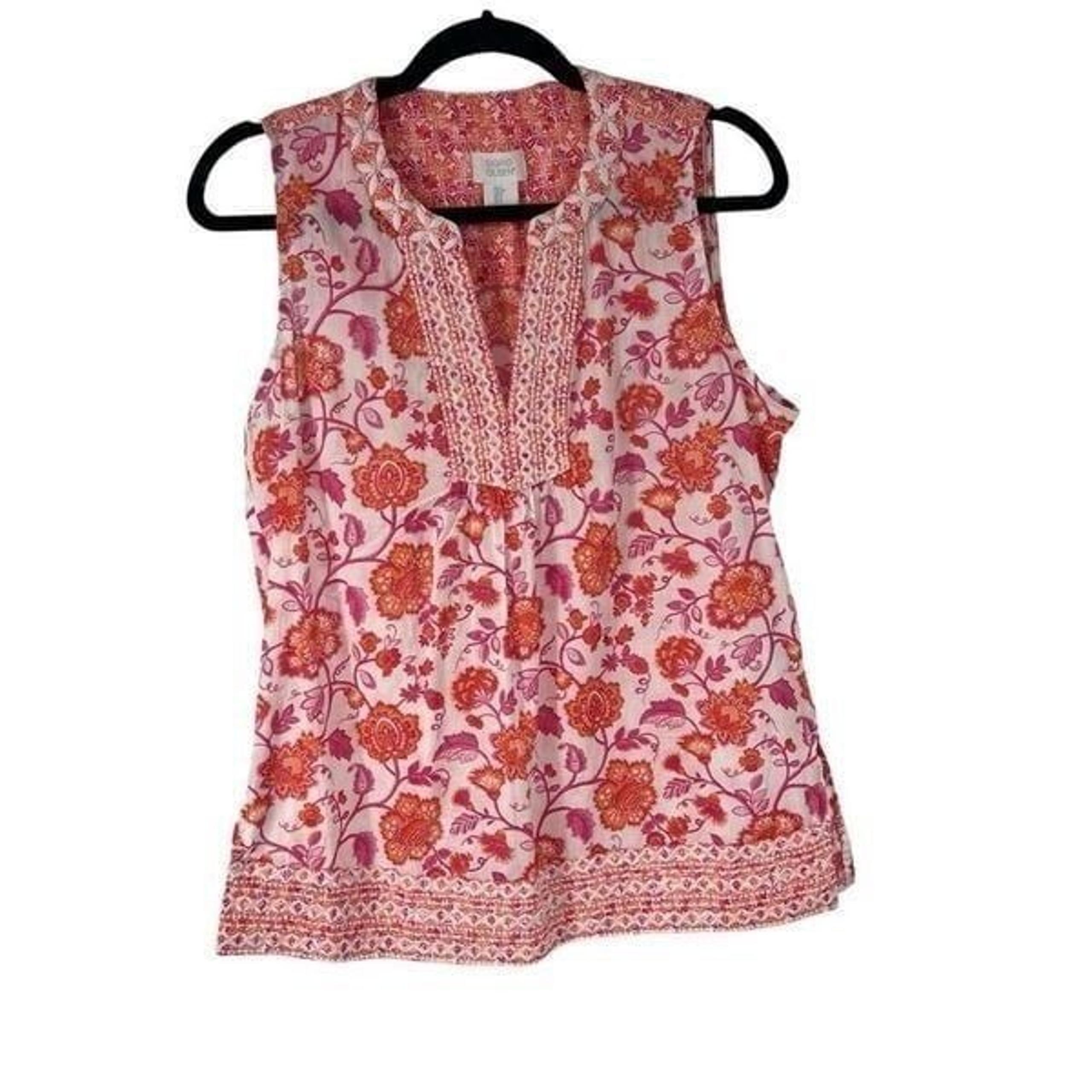 Sigrid Olsen Orange Floral Embroidered Neckline 100% Cotton Top Sz S Women’s