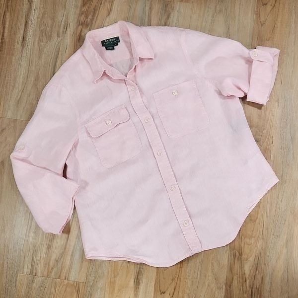 Ralph Lauren Pink Linen Buttoned Adjustable 3/4 Sleeve Top Large