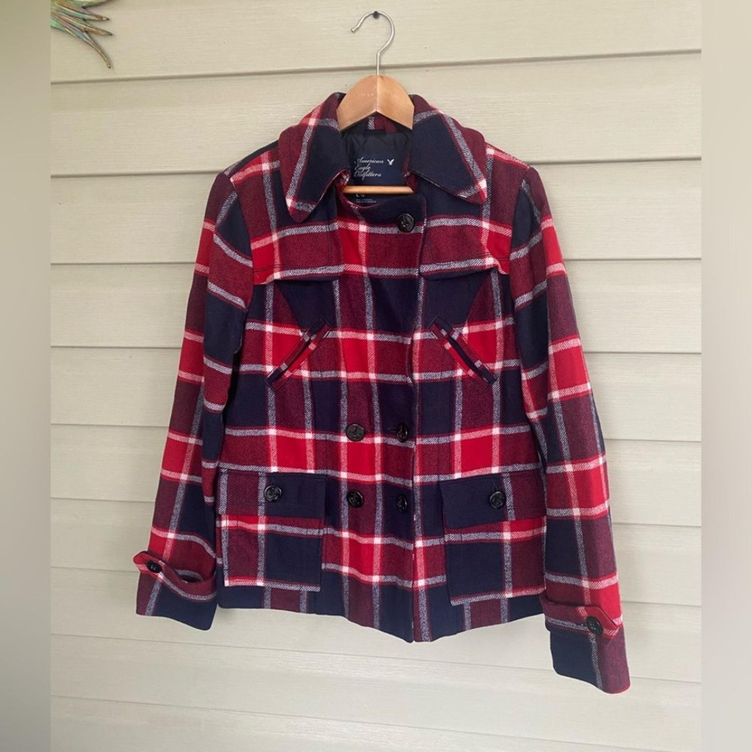 AMERICAN EAGLE red navy plaid pea coat Y2k preppy casual cute women’s sz L EUC