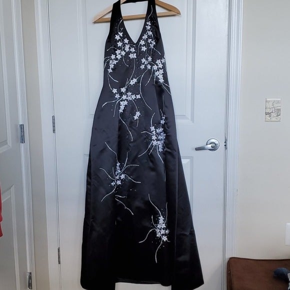 Betsy & Adam Halter Black A-line Gown