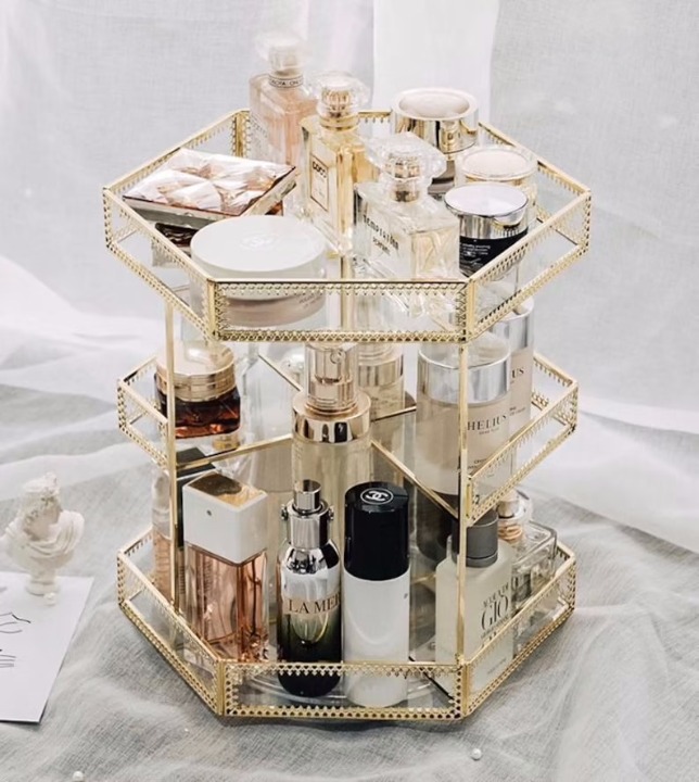 Golden Vintage Glass 360 Degree Rotation Makeup Organizer Countertop Cosmetics