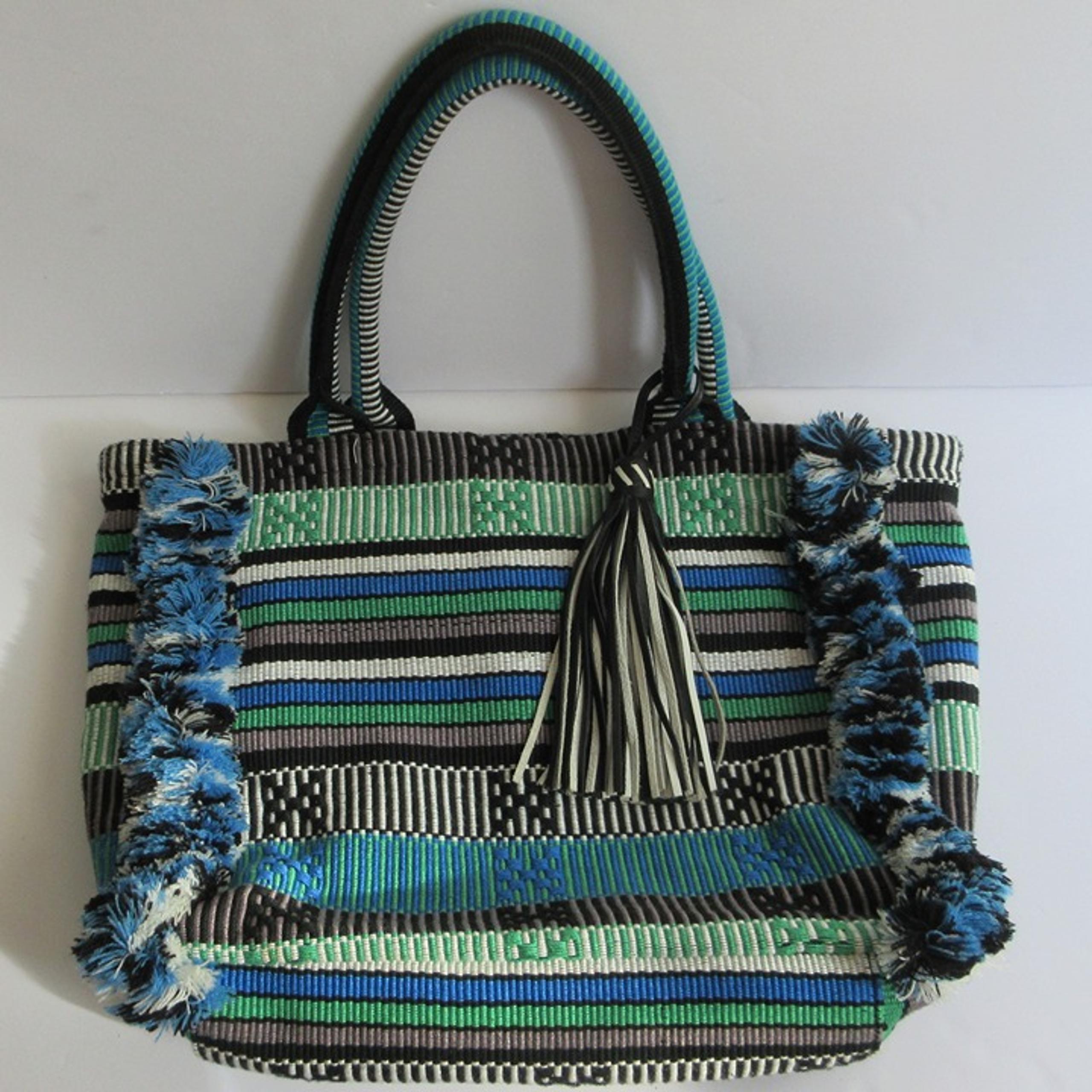 REBECCA MINKOFF Fringed Woven Soft Beach Tote Shoulder Bag Blue Multi w/ Tassel