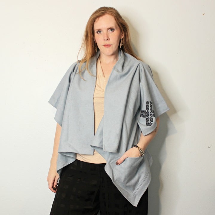 Carla Fernandez Giraldi Jacket Blue Wool Leather Poncho Cape Open Mexico
