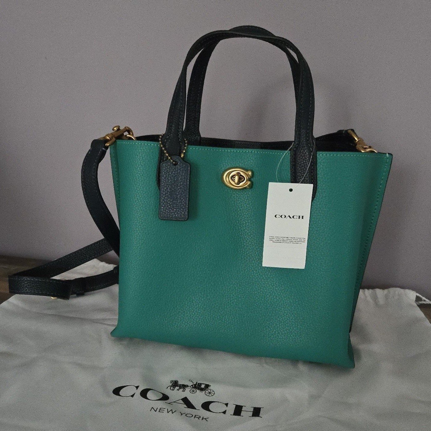 New Limited Coach Willow Tote 24 Crossbody Bag in Colorblock Brass/Bright Green