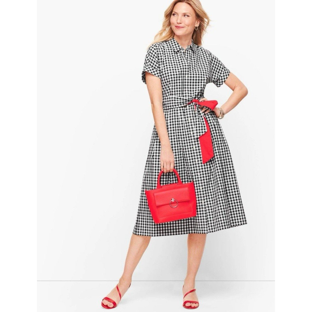 Talbots Gingham Midi Shirt Dress Women's 10 Black White Button Up Retro Indiepop