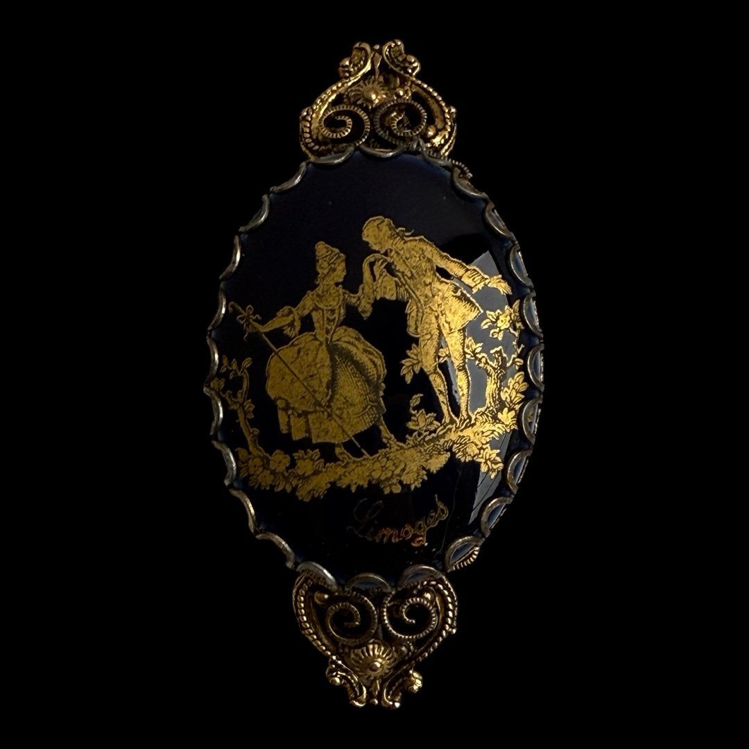 Vintage Fragonard Brooch Pendant French Limoges Gold Tone Victorian
