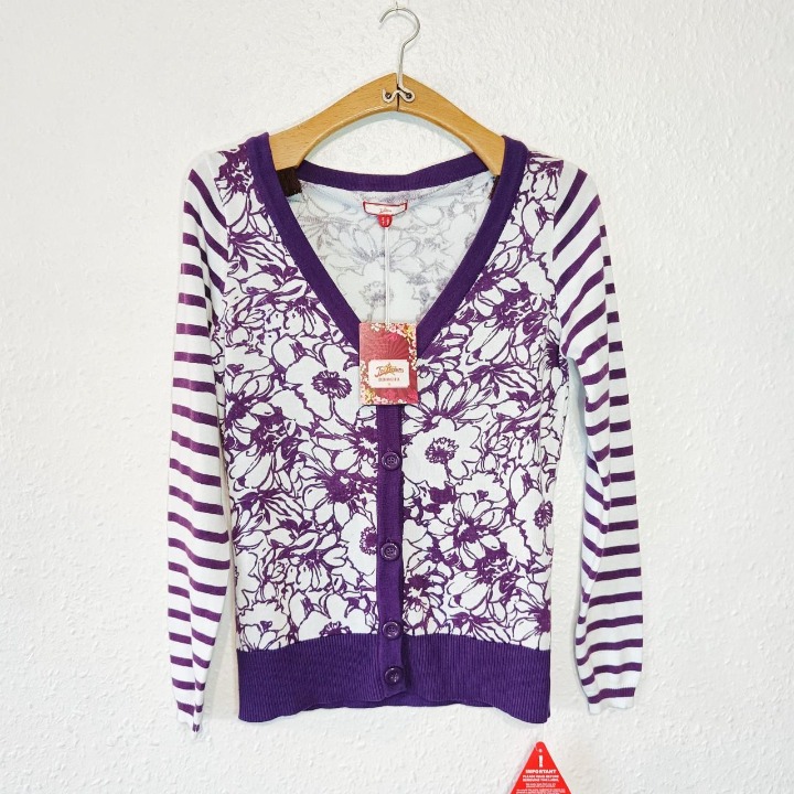 Purple & White Joe Browns flower & stripe knitted cardigan