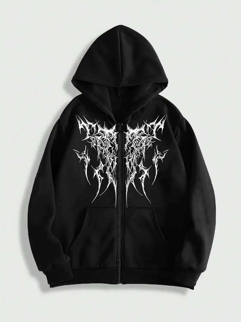 Casual Dark Print Polyester Blend Hoodie - Men's Zip-Up Sweatshirt with Kangaroo