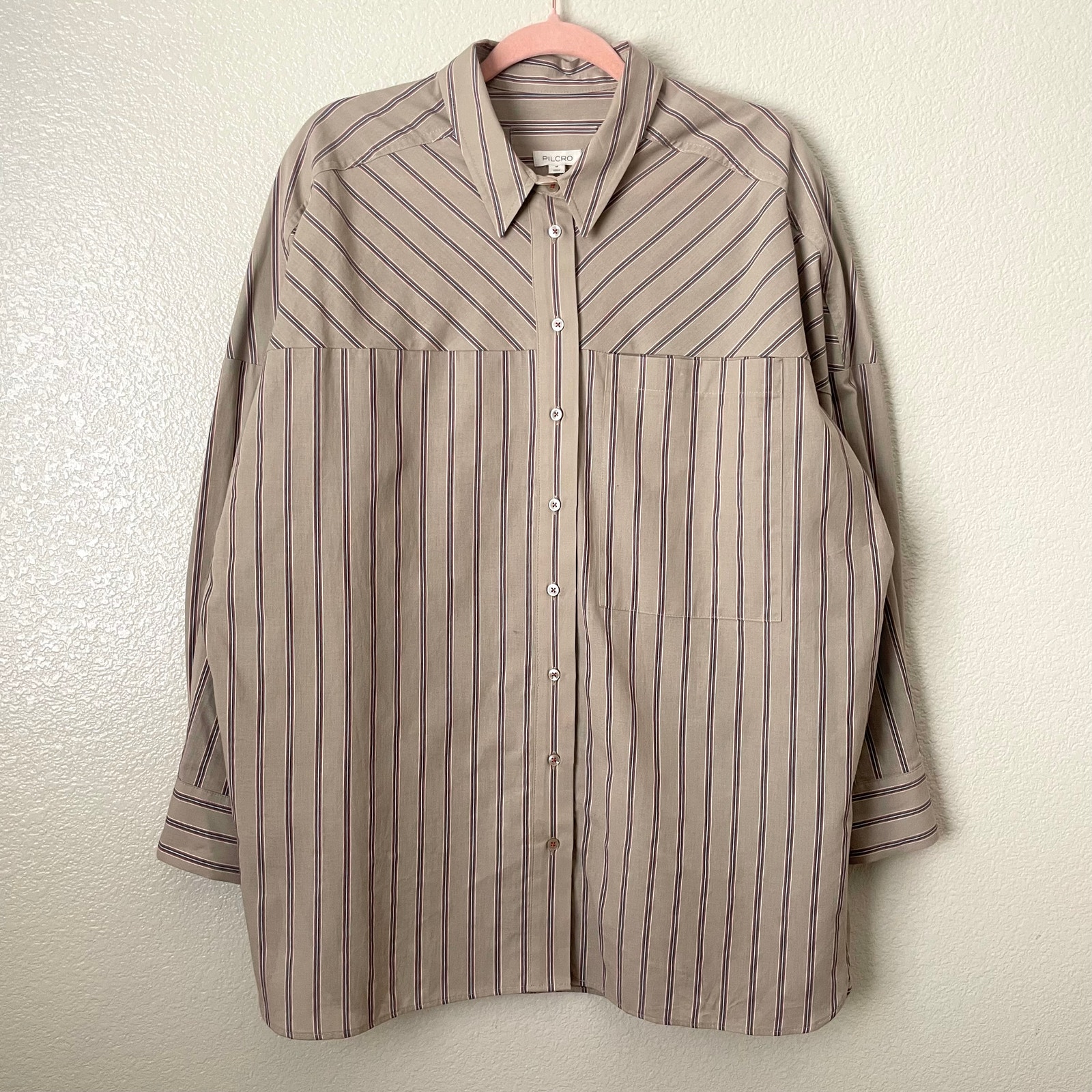 Anthropologie Pilcro Top Womens Medium Brown Boyfriend Striped Button Up Shirt