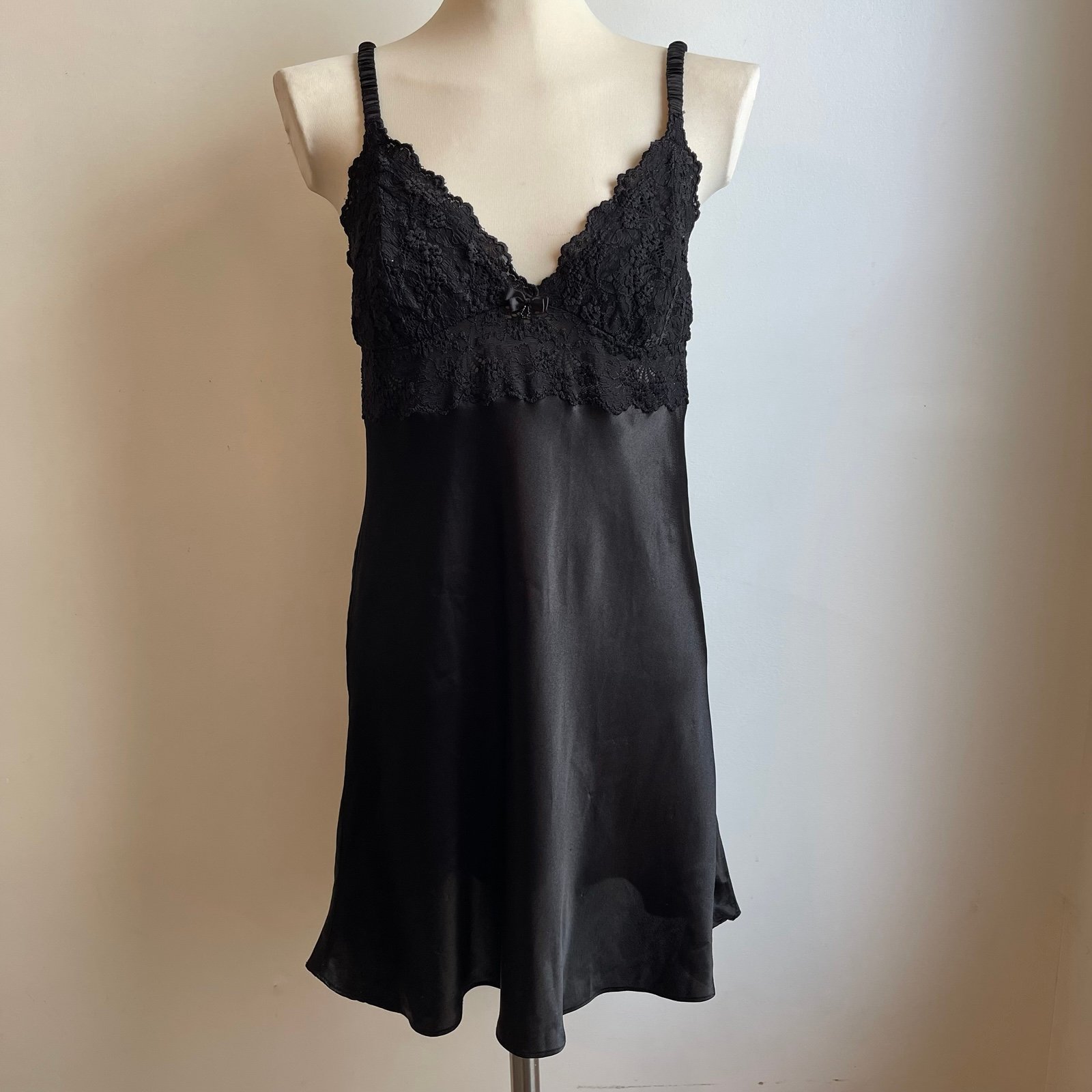 Vintage Oscar de la Renta Pink Label Black Satin Lace Slip Chemise Dress Large
