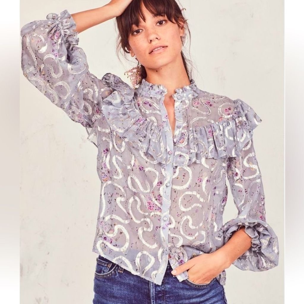 LOVESHACKFANCY Alyssa sheer silk & silver metallic ruffle feminine top small