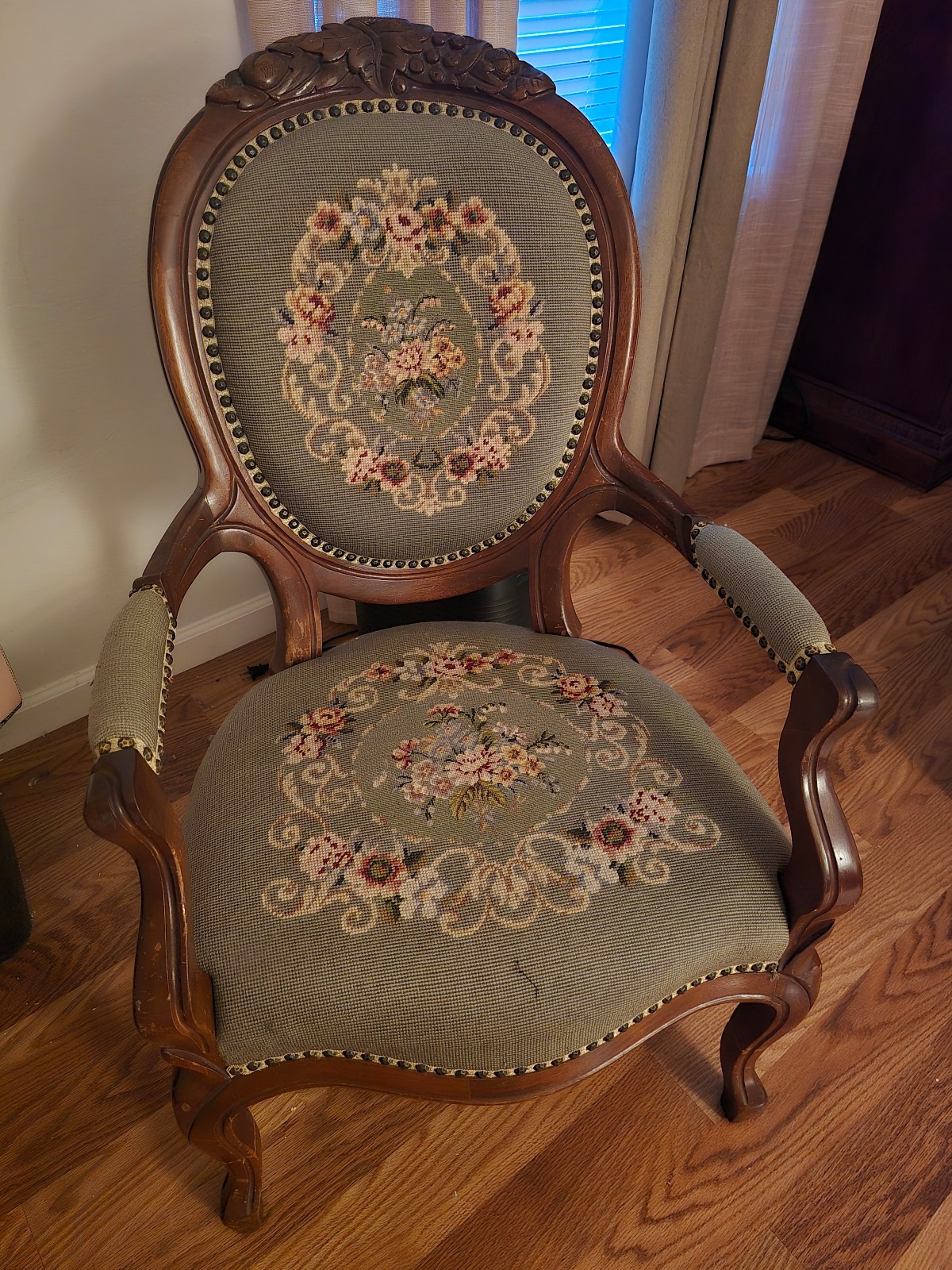 Vintage french needlepoint chair with carvings 1920's