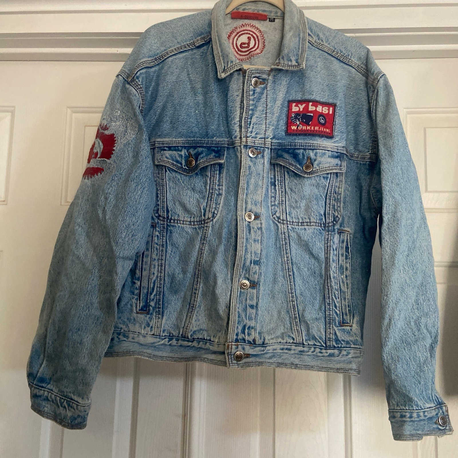 Worker Jeans trucker mens M/L denim jacket by basl Barcelona patches embroidered