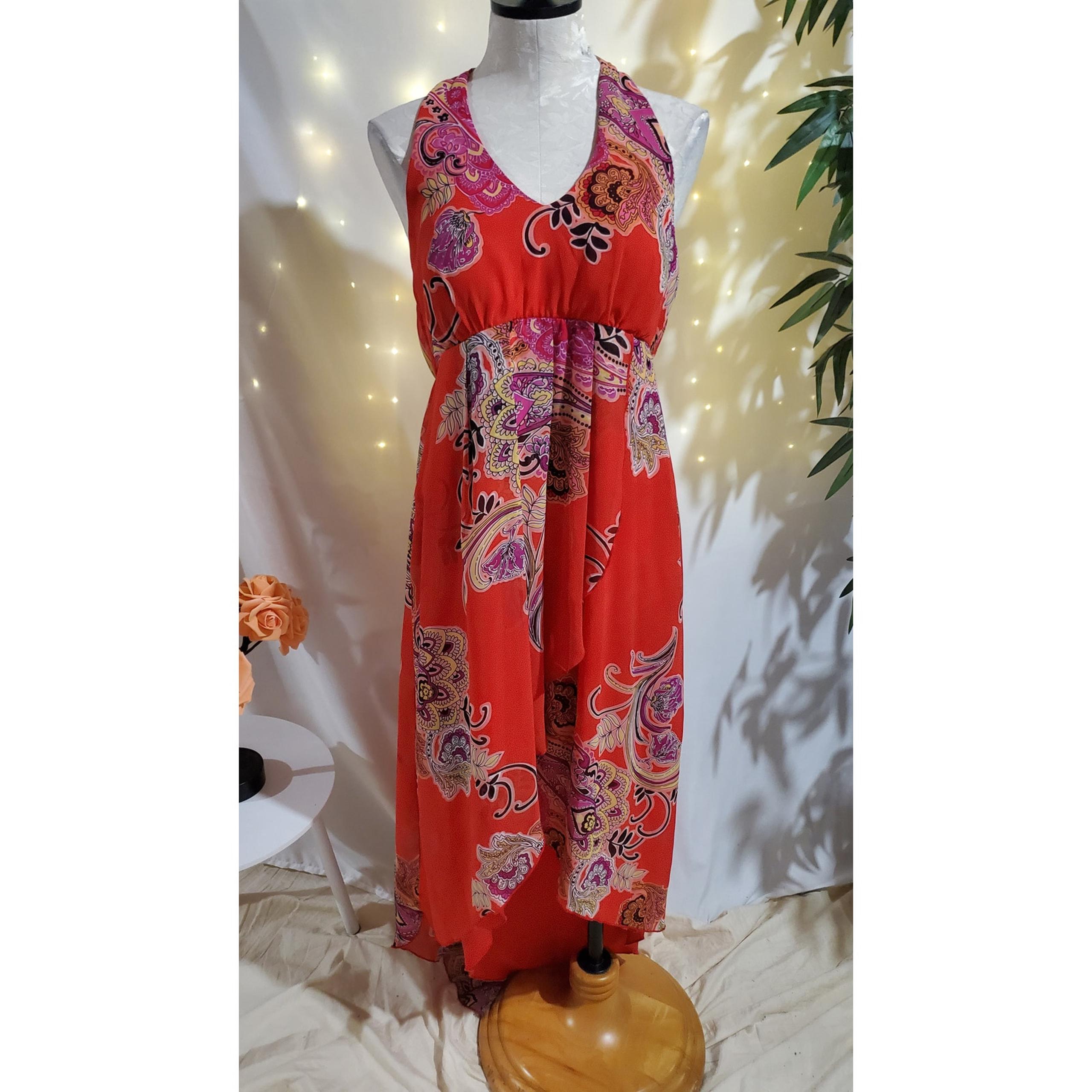 Cynthia Rowley Halter Tie Hi-Low Paisley Floral Dress Size 12 Coral Red Fairy