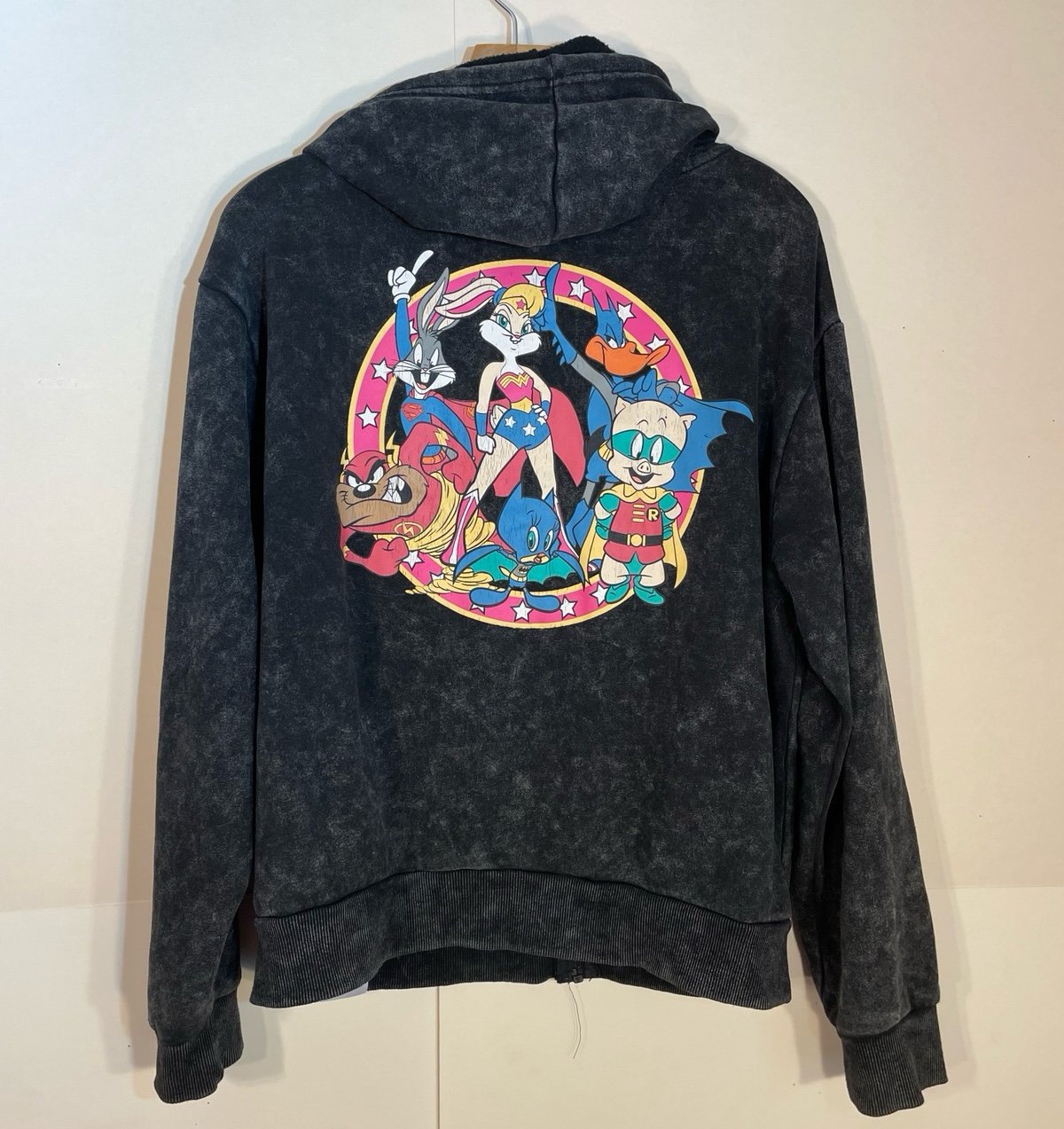Warner Bros Hoodie Sweatshirt Size Large Black Streetwear Funky Superhero Zip