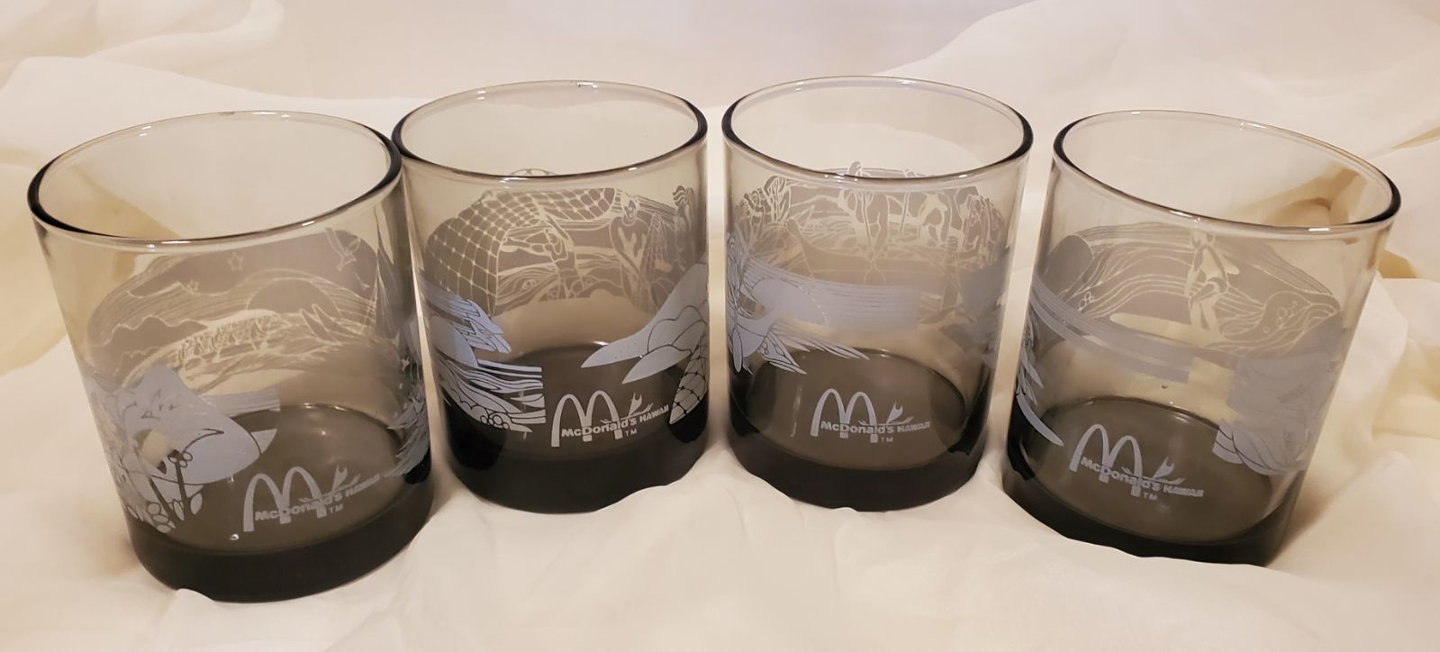 4pc VTG McDonald's Hawaiian Souvenir Etched Black Irredescent Libbey Glasses