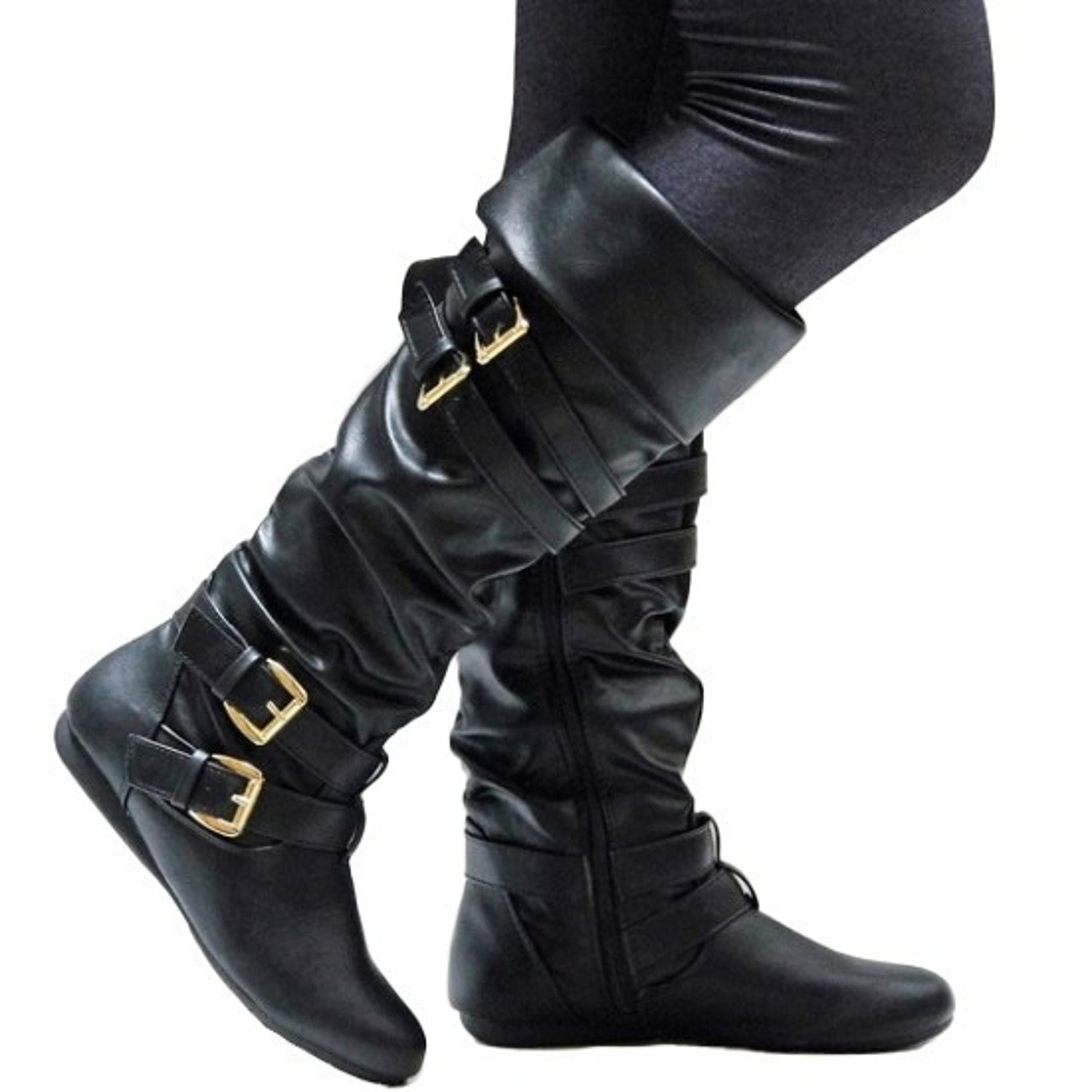 New Black Buckle Slouchy Knee High Riding Boots Size 8