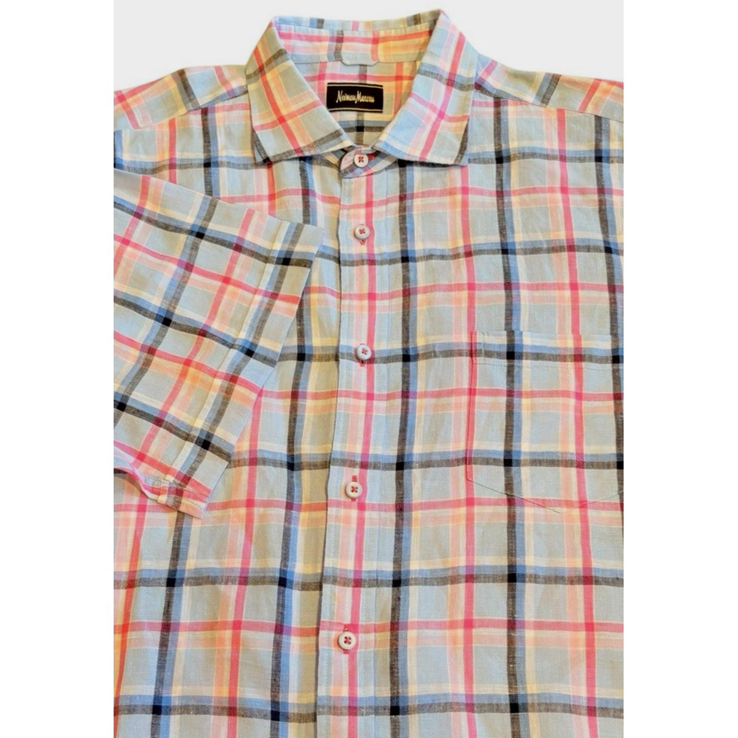 Neiman Marcus Mens Linen Shirt Button Up Large Short Sleeve Plaid
