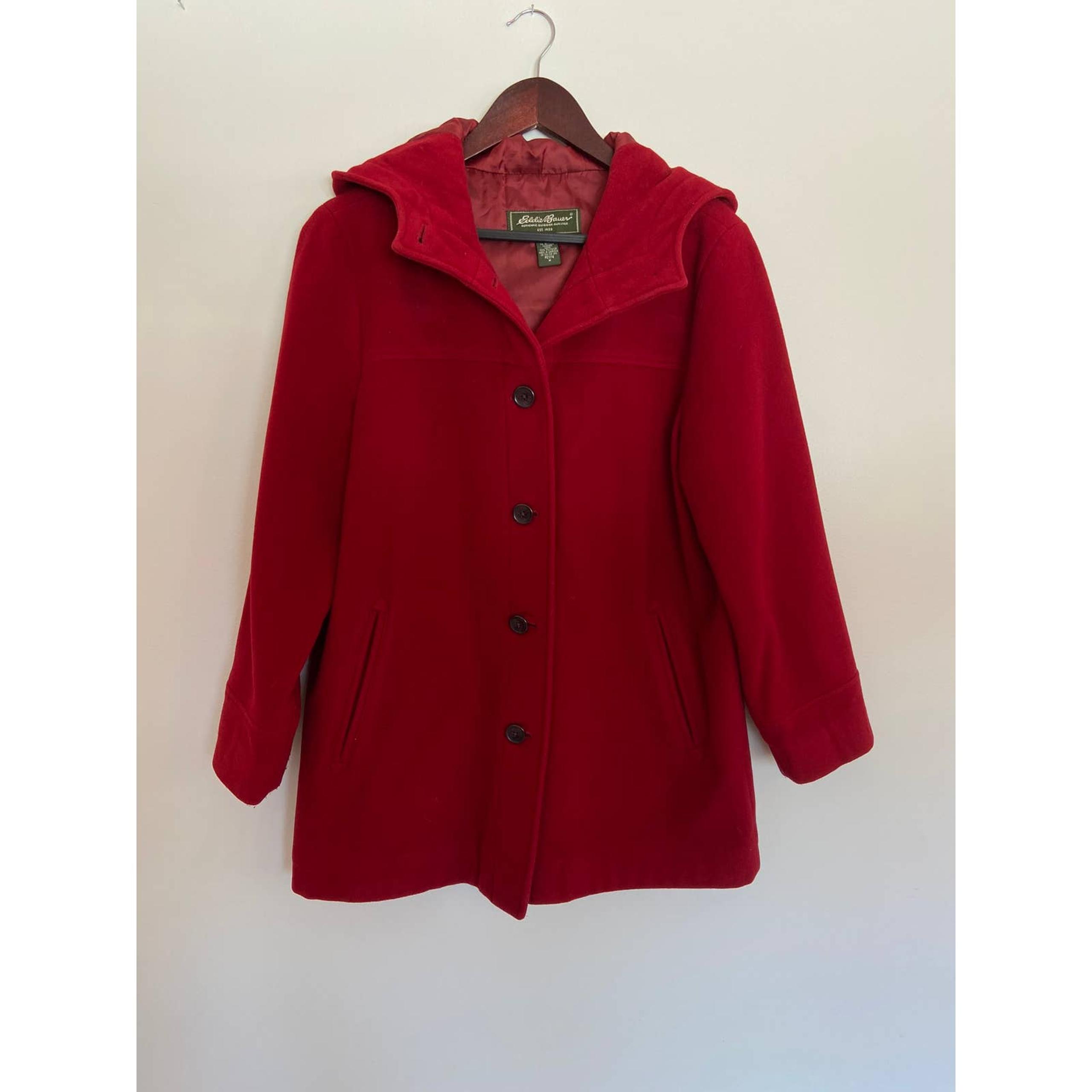 Women's Eddie Bauer Red Hooded Pea Coat Size Petite Medium