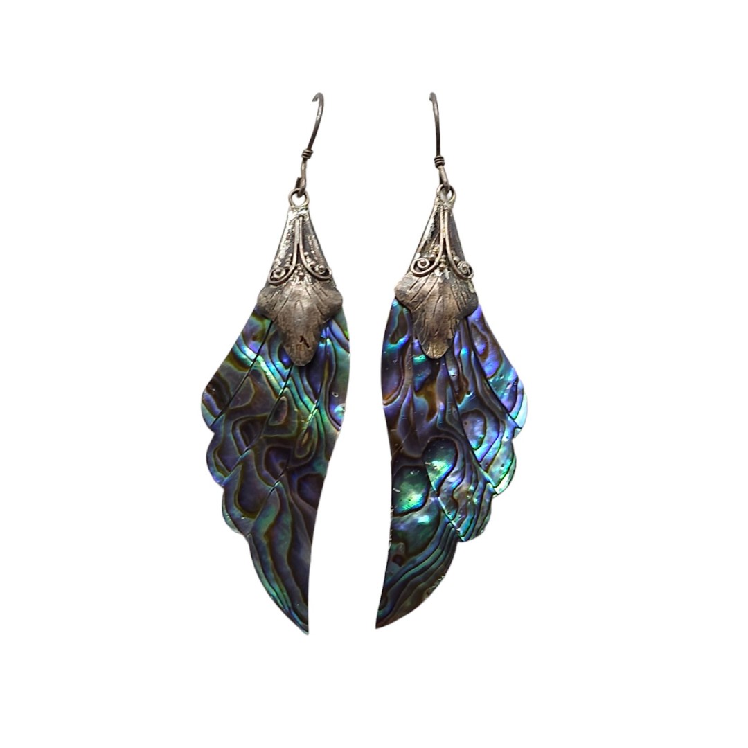 Abalone Shell Angel Wing Dangle Drop Earrings Sterling Hook Closure Vintage